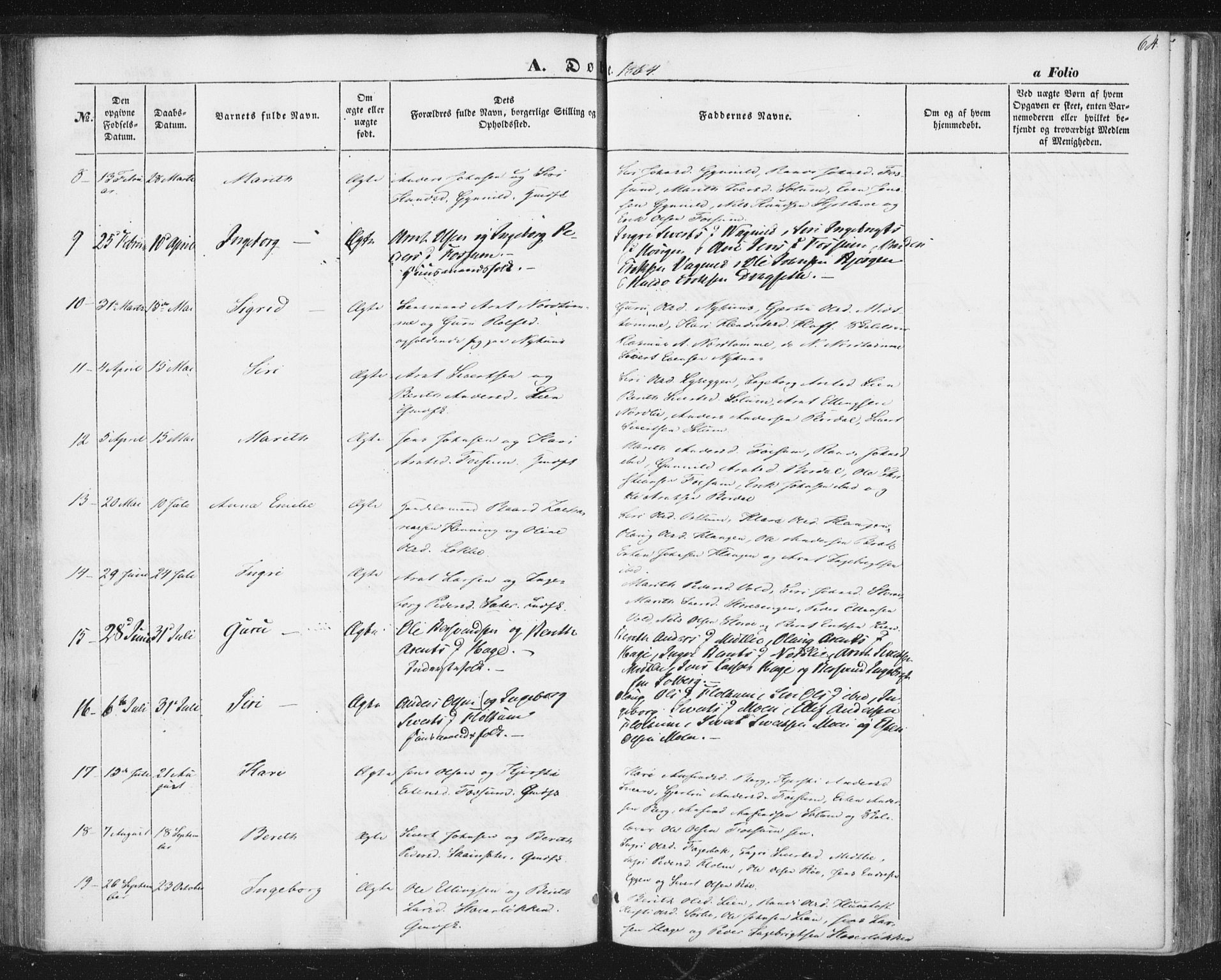 Ministerialprotokoller, klokkerbøker og fødselsregistre - Sør-Trøndelag, SAT/A-1456/689/L1038: Ministerialbok nr. 689A03, 1848-1872, s. 64