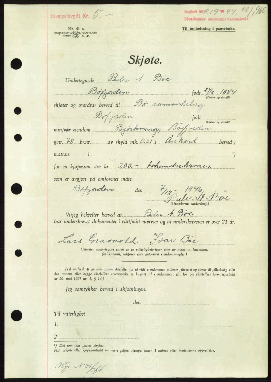 Nordmøre sorenskriveri, AV/SAT-A-4132/1/2/2Ca: Pantebok nr. A103, 1946-1947, Dagboknr: 219/1947