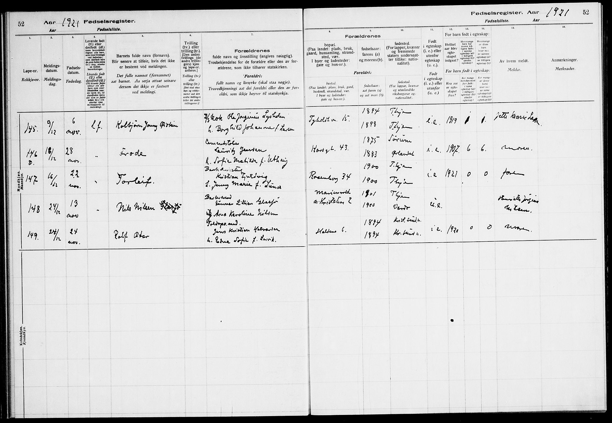 Ministerialprotokoller, klokkerbøker og fødselsregistre - Sør-Trøndelag, SAT/A-1456/604/L0233: Fødselsregister nr. 604.II.4.2, 1920-1928, s. 52