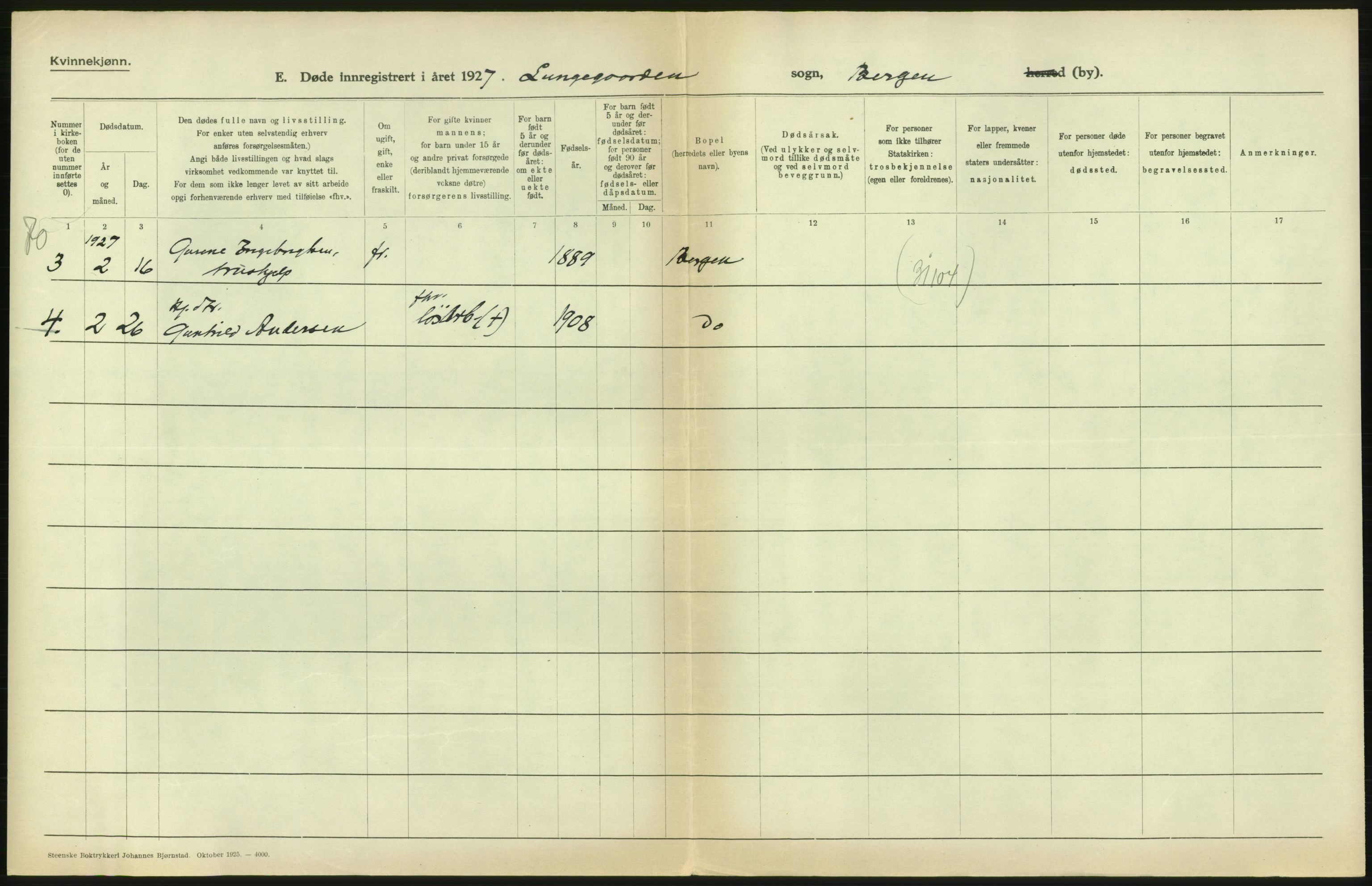 Statistisk sentralbyrå, Sosiodemografiske emner, Befolkning, RA/S-2228/D/Df/Dfc/Dfcg/L0028: Bergen: Gifte, døde., 1927, s. 496