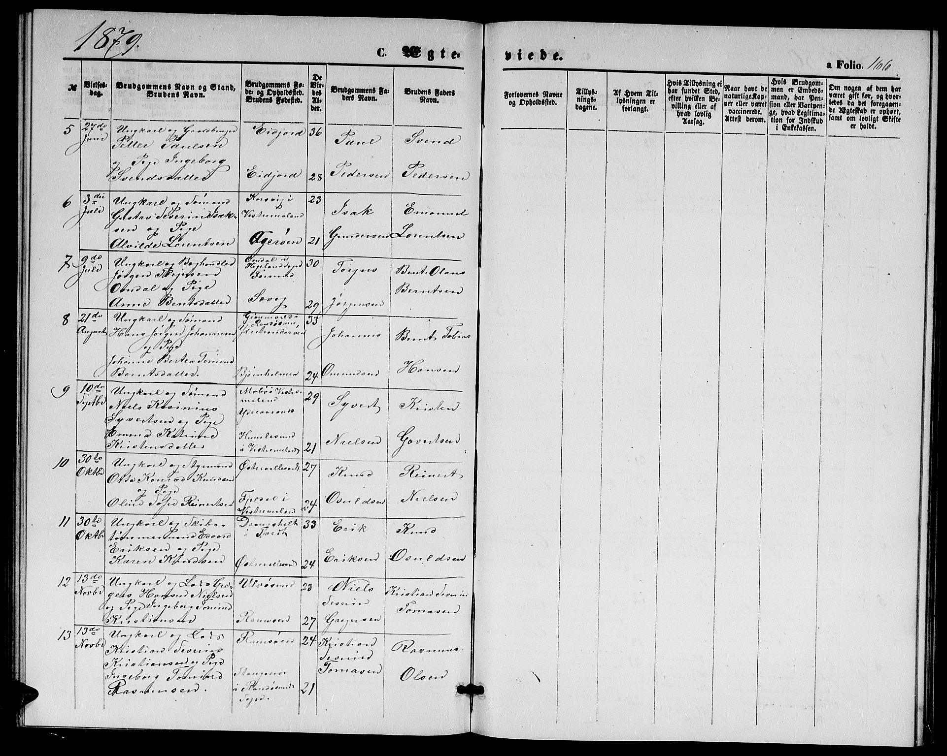 Høvåg sokneprestkontor, SAK/1111-0025/F/Fb/L0003: Klokkerbok nr. B 3, 1870-1882, s. 166