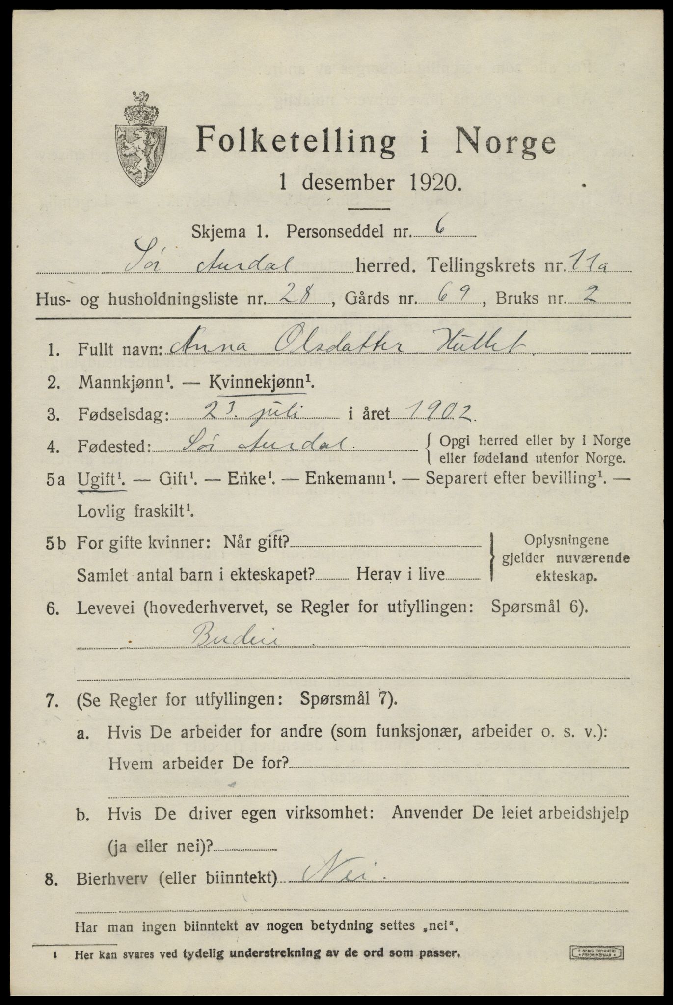 SAH, Folketelling 1920 for 0540 Sør-Aurdal herred, 1920, s. 6667