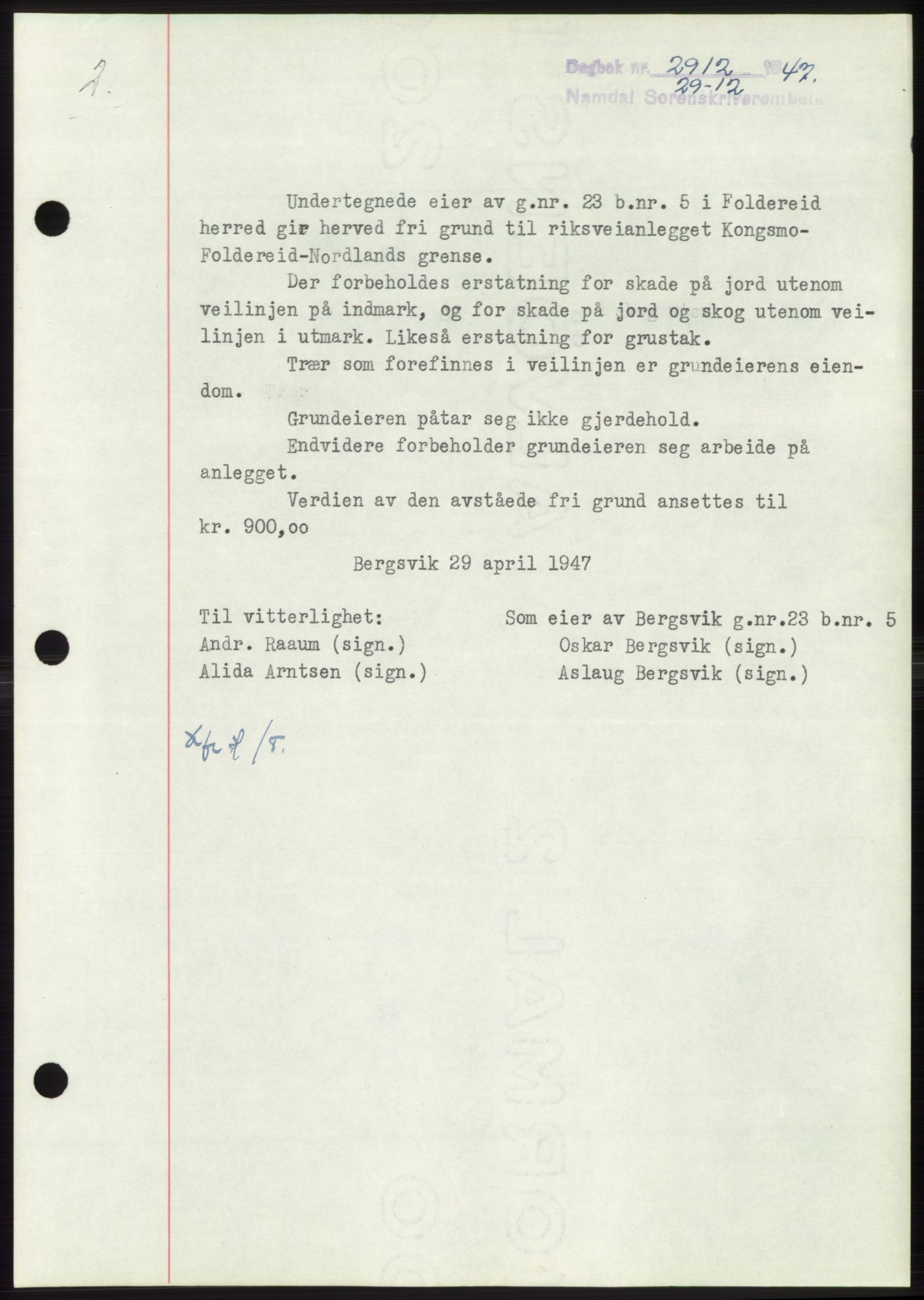 Namdal sorenskriveri, SAT/A-4133/1/2/2C: Pantebok nr. -, 1947-1948, Dagboknr: 2912/1947