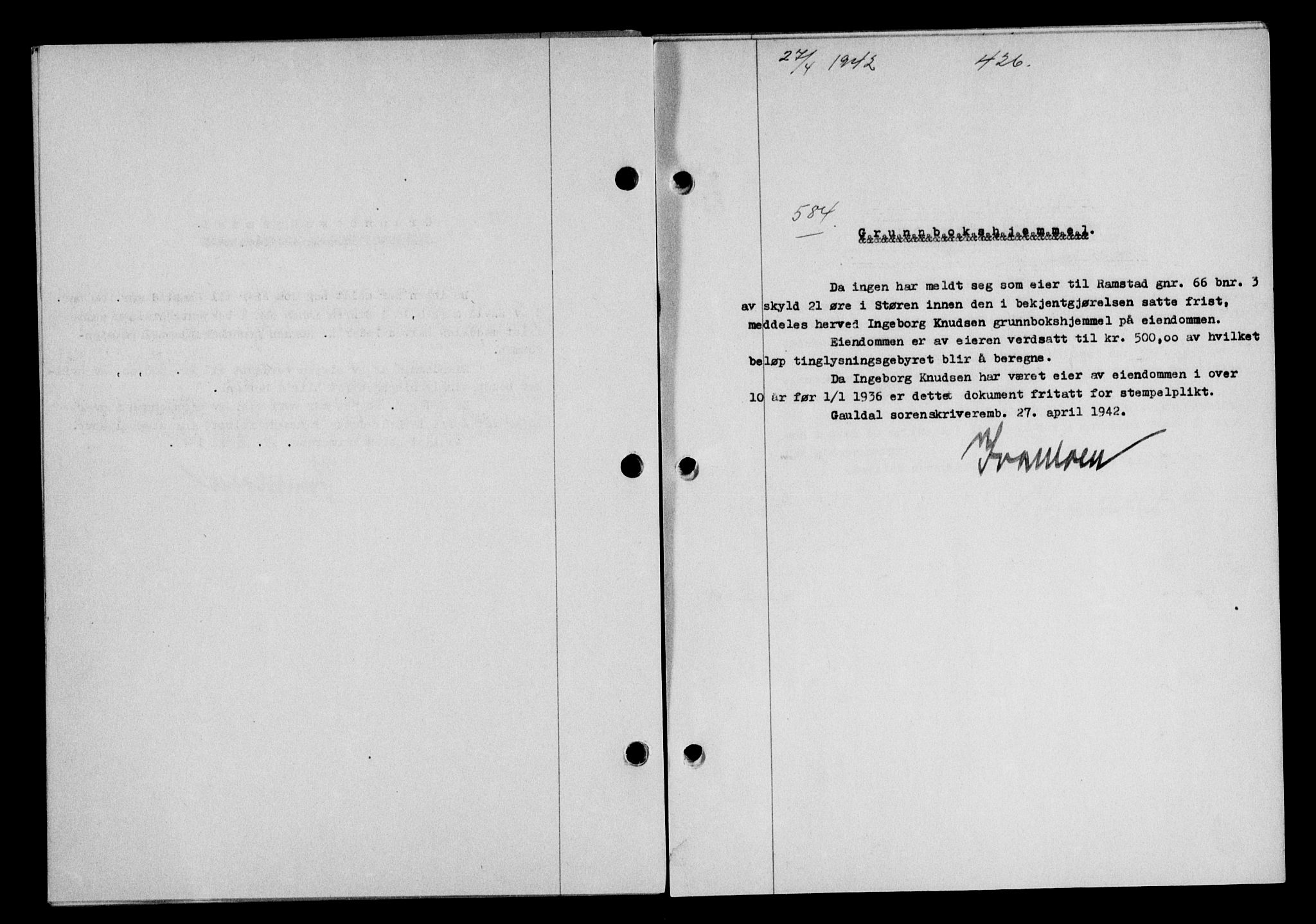 Gauldal sorenskriveri, SAT/A-0014/1/2/2C/L0054: Pantebok nr. 59, 1941-1942, Dagboknr: 584/1942