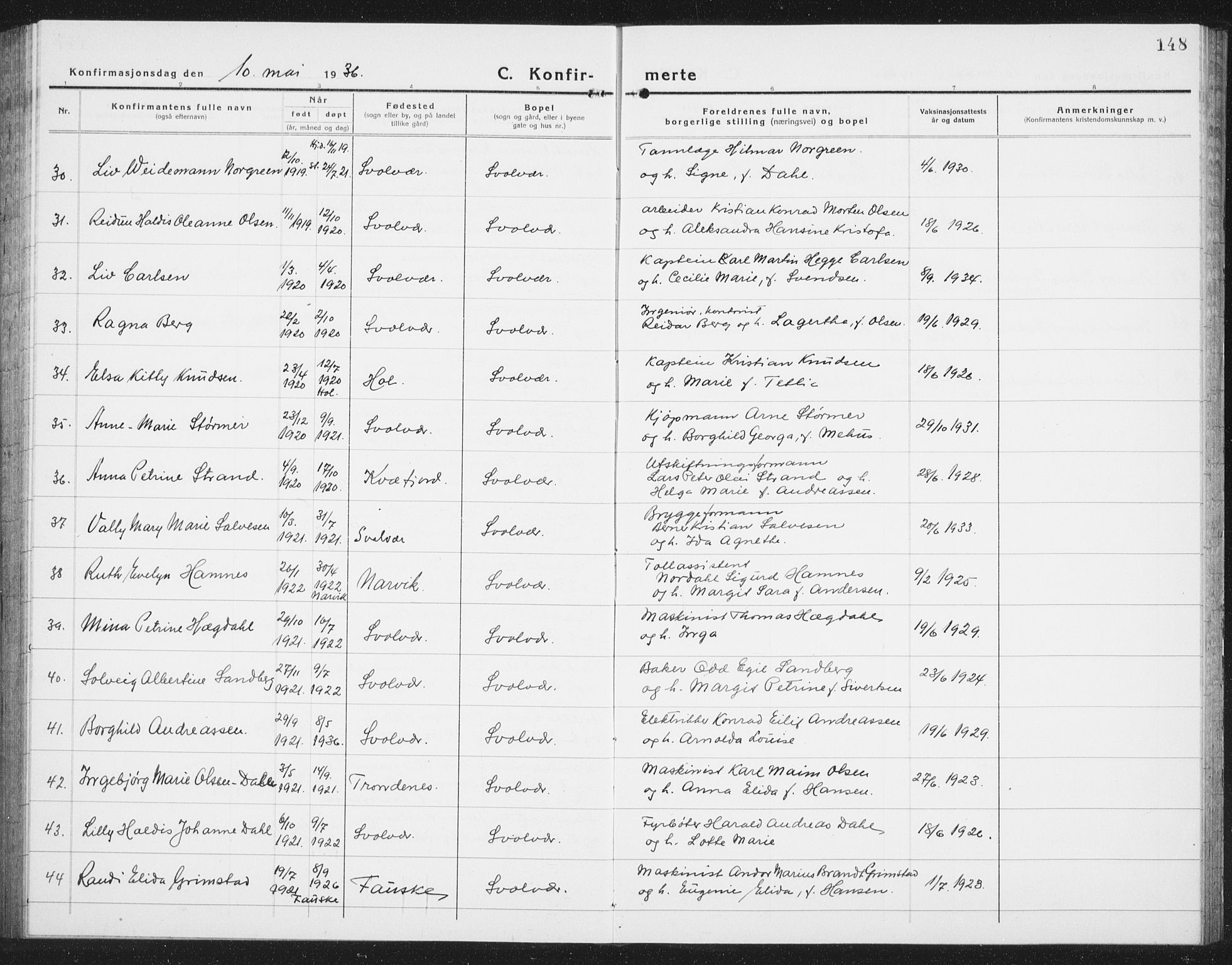 Ministerialprotokoller, klokkerbøker og fødselsregistre - Nordland, AV/SAT-A-1459/877/L1117: Klokkerbok nr. 877C01, 1923-1942, s. 148