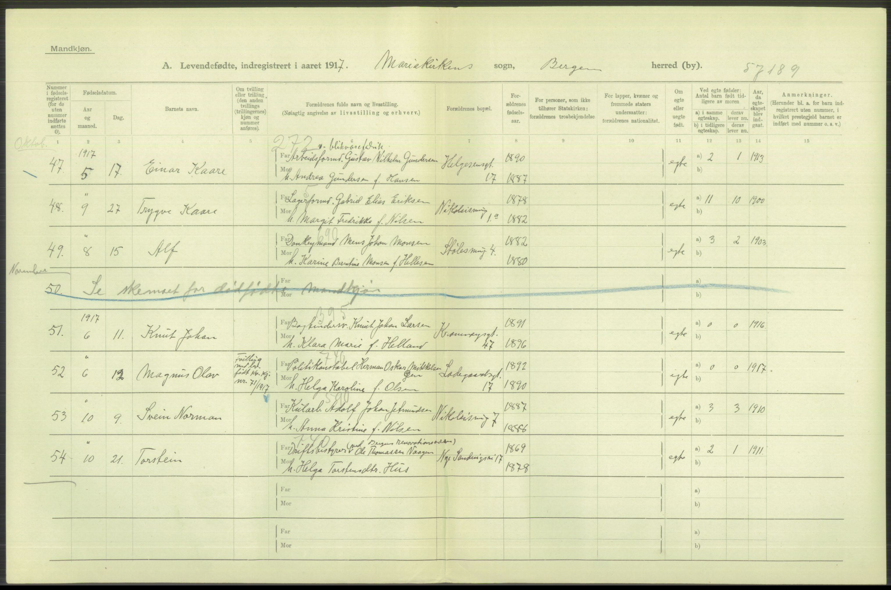 Statistisk sentralbyrå, Sosiodemografiske emner, Befolkning, AV/RA-S-2228/D/Df/Dfb/Dfbg/L0037: Bergen: Levendefødte menn og kvinner., 1917, s. 394