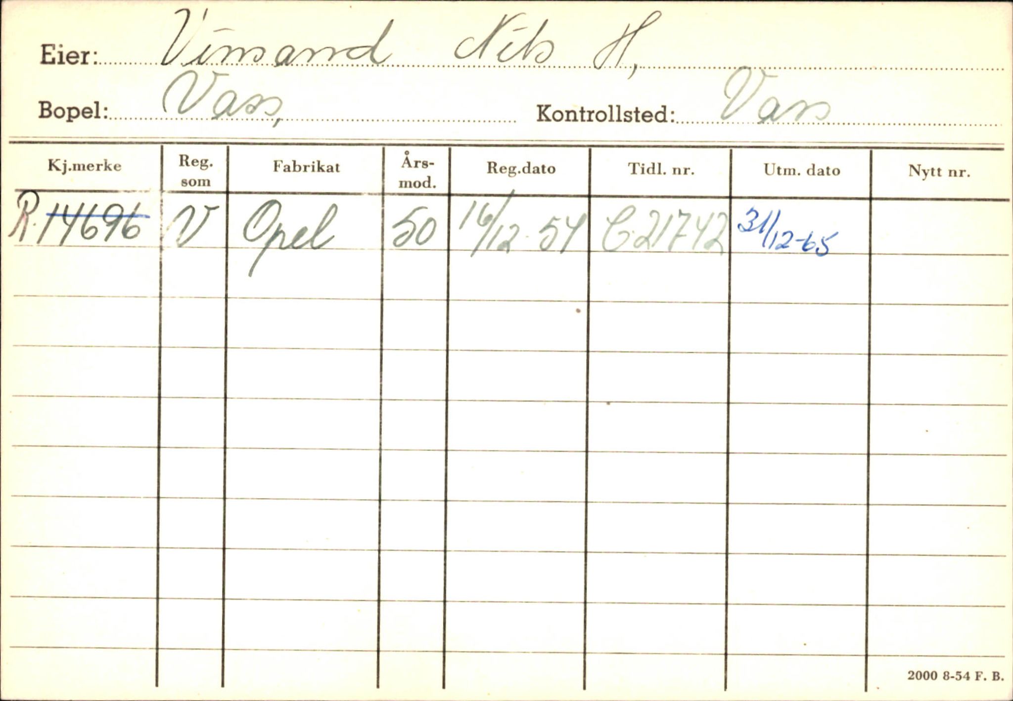 Statens vegvesen, Hordaland vegkontor, AV/SAB-A-5201/2/Ha/L0060: R-eierkort V-W, 1920-1971, s. 13