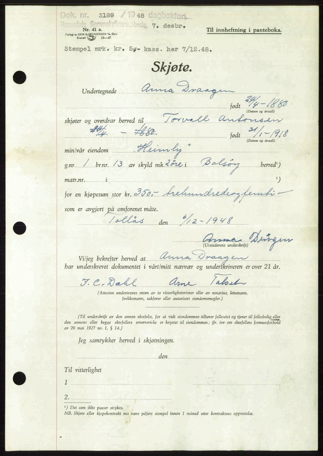 Romsdal sorenskriveri, AV/SAT-A-4149/1/2/2C: Pantebok nr. A28, 1948-1949, Dagboknr: 3189/1948