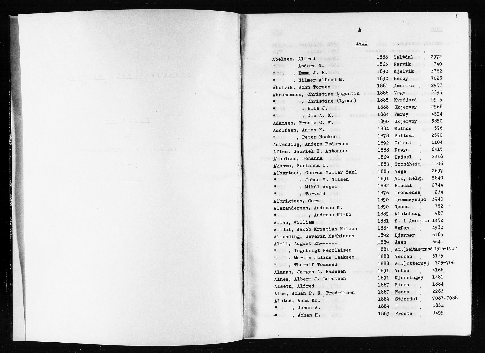 Trondheim politikammer, SAT/A-1887/1/32/L0019/0015: Registre til emigrantprotokollene / Etternavnsregister, 1910-1915