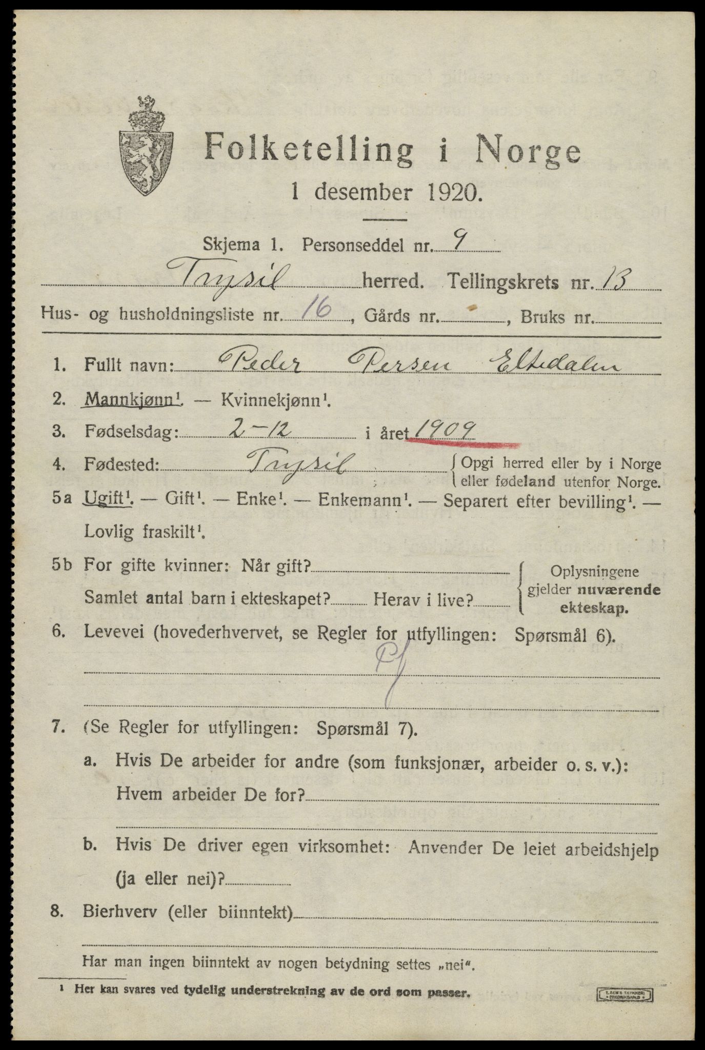 SAH, Folketelling 1920 for 0428 Trysil herred, 1920, s. 7857