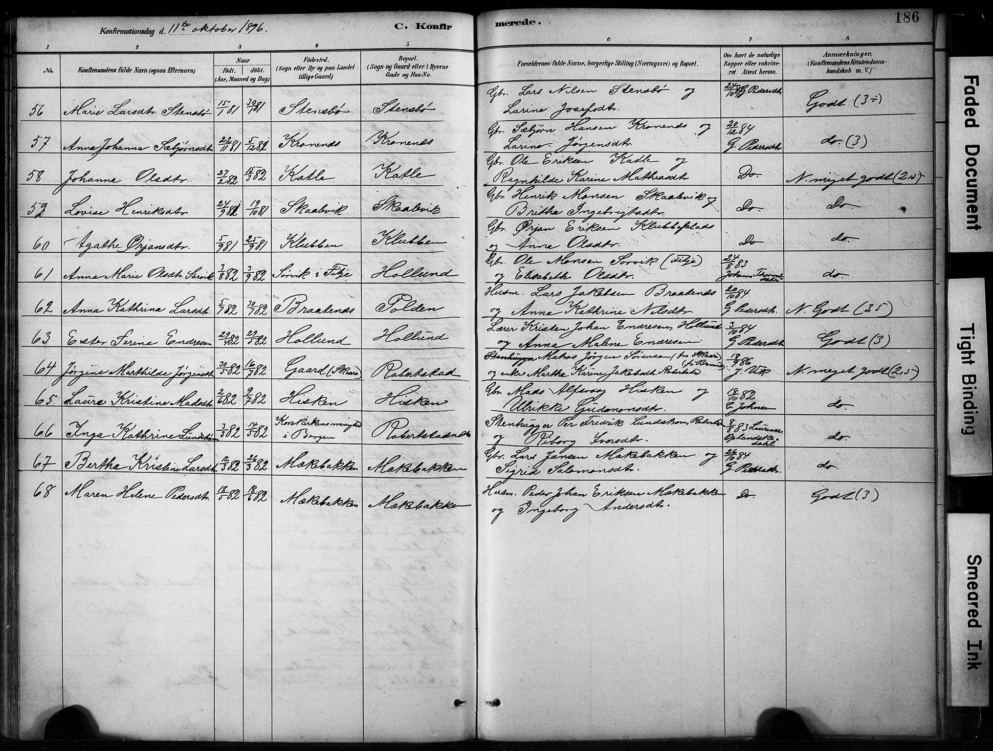 Finnås sokneprestembete, AV/SAB-A-99925/H/Ha/Hab/Habb/L0003: Klokkerbok nr. B 3, 1882-1897, s. 186
