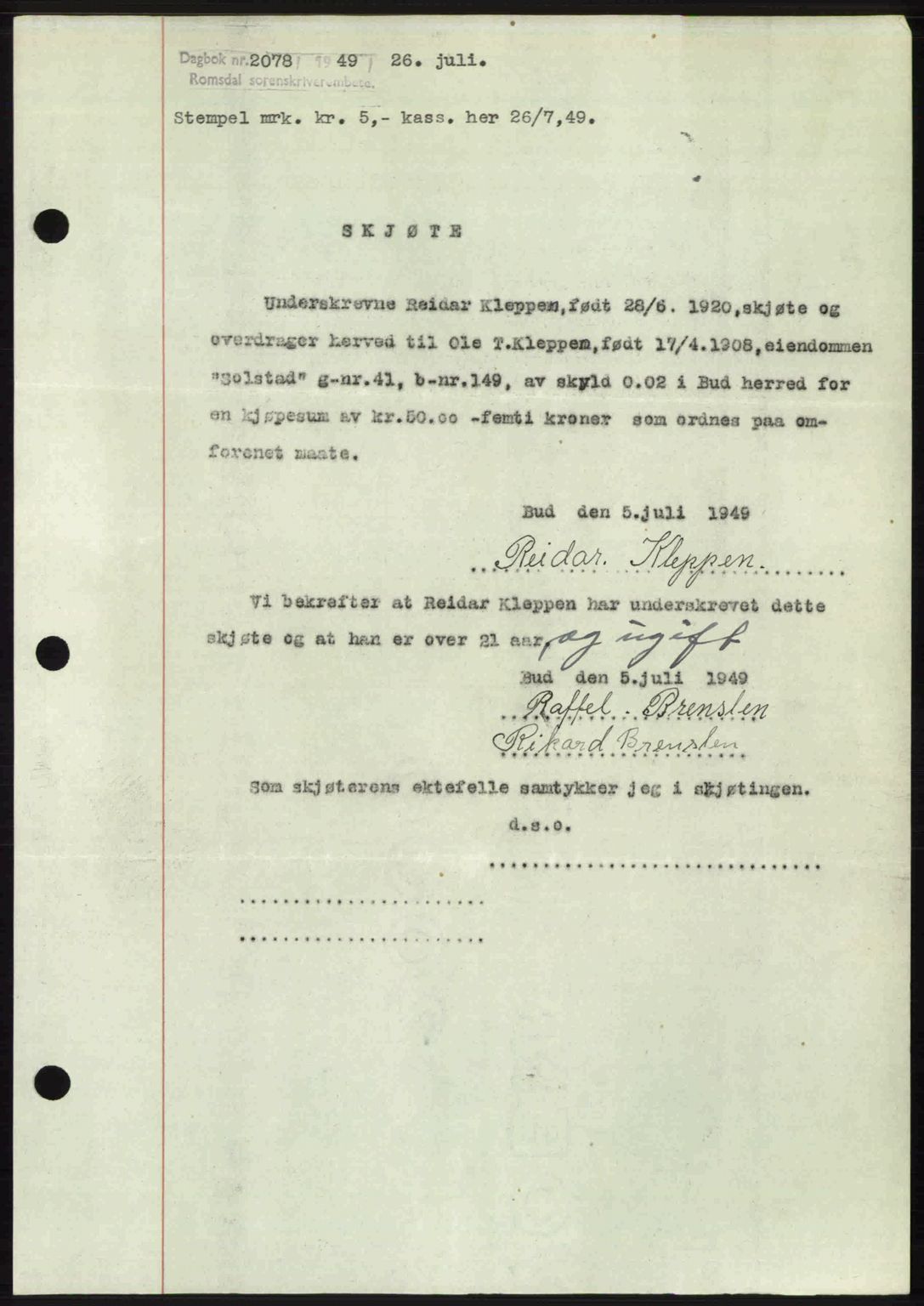 Romsdal sorenskriveri, AV/SAT-A-4149/1/2/2C: Pantebok nr. A30, 1949-1949, Dagboknr: 2078/1949