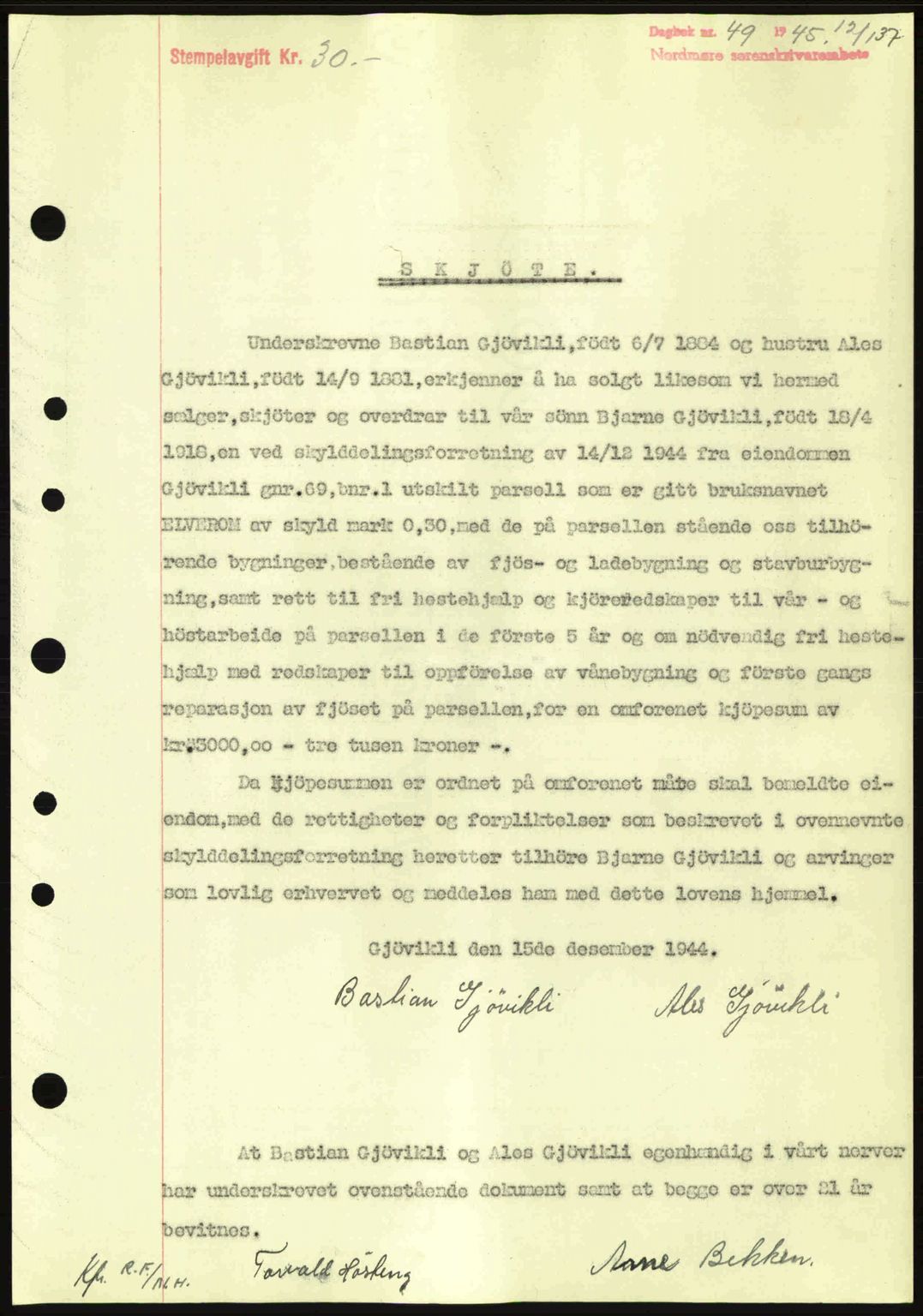 Nordmøre sorenskriveri, SAT/A-4132/1/2/2Ca: Pantebok nr. A99, 1945-1945, Dagboknr: 49/1945