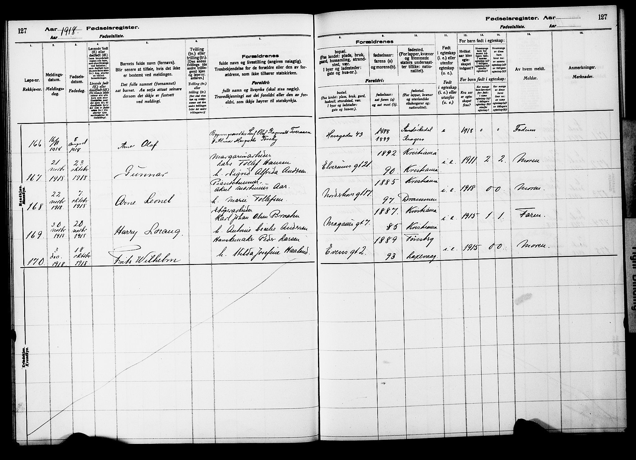 Kampen prestekontor Kirkebøker, AV/SAO-A-10853/J/Ja/L0001: Fødselsregister nr. 1, 1916-1920, s. 127