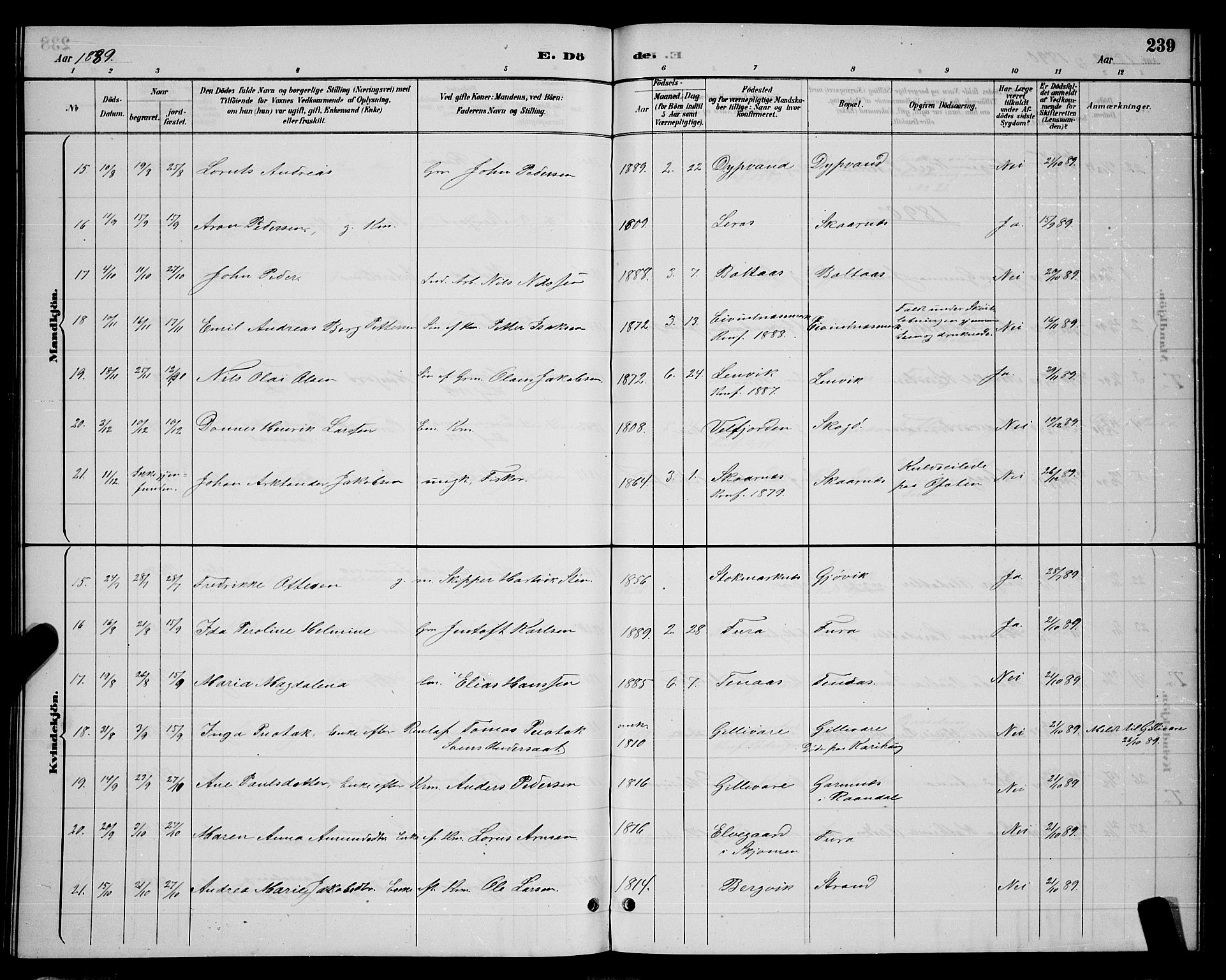 Ministerialprotokoller, klokkerbøker og fødselsregistre - Nordland, AV/SAT-A-1459/863/L0914: Klokkerbok nr. 863C04, 1886-1897, s. 239