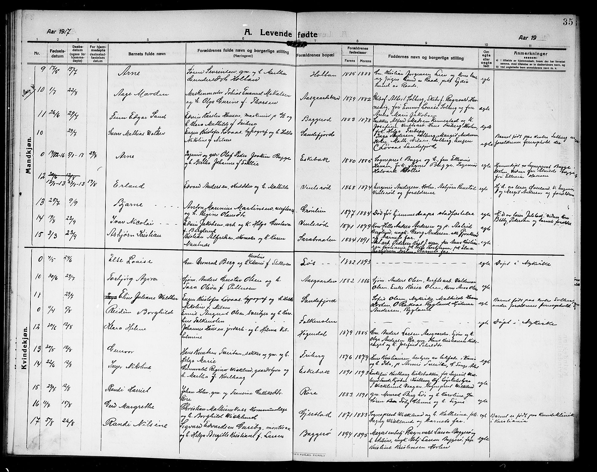 Borre kirkebøker, AV/SAKO-A-338/G/Ga/L0006: Klokkerbok nr. I 6, 1911-1919, s. 35