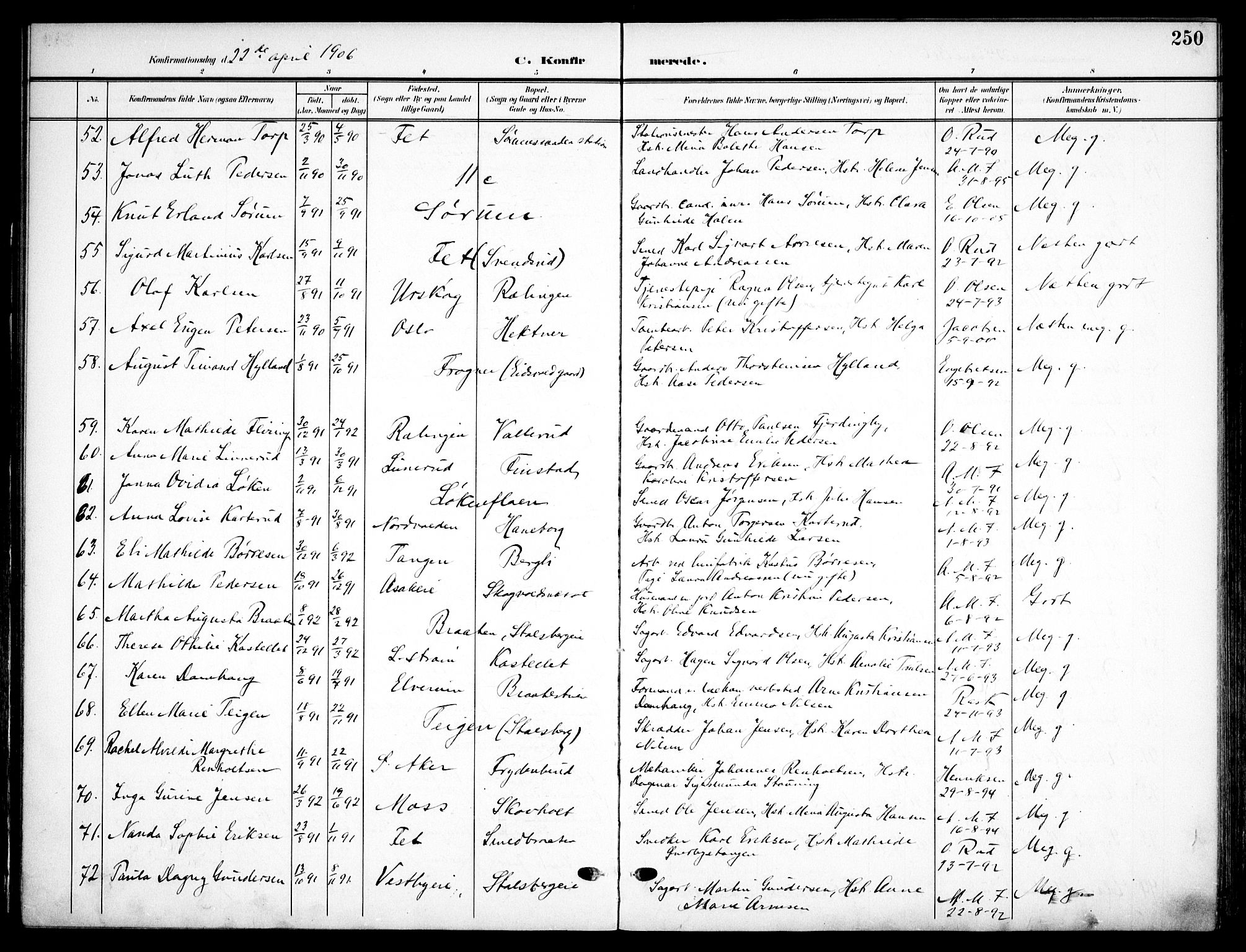Skedsmo prestekontor Kirkebøker, AV/SAO-A-10033a/F/Fa/L0015: Ministerialbok nr. I 15, 1902-1917, s. 250