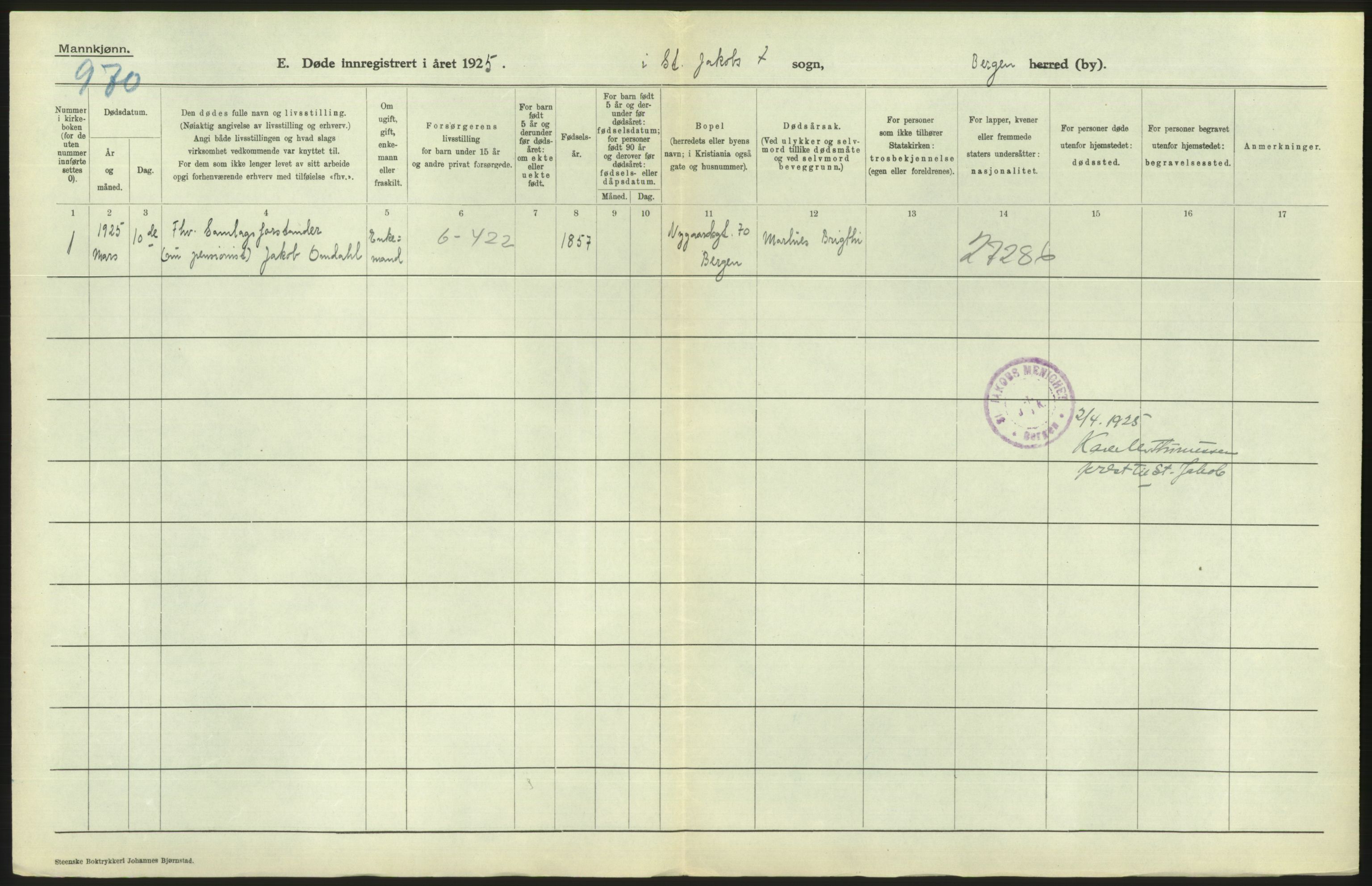 Statistisk sentralbyrå, Sosiodemografiske emner, Befolkning, RA/S-2228/D/Df/Dfc/Dfce/L0029: Bergen: Gifte, døde., 1925, s. 488