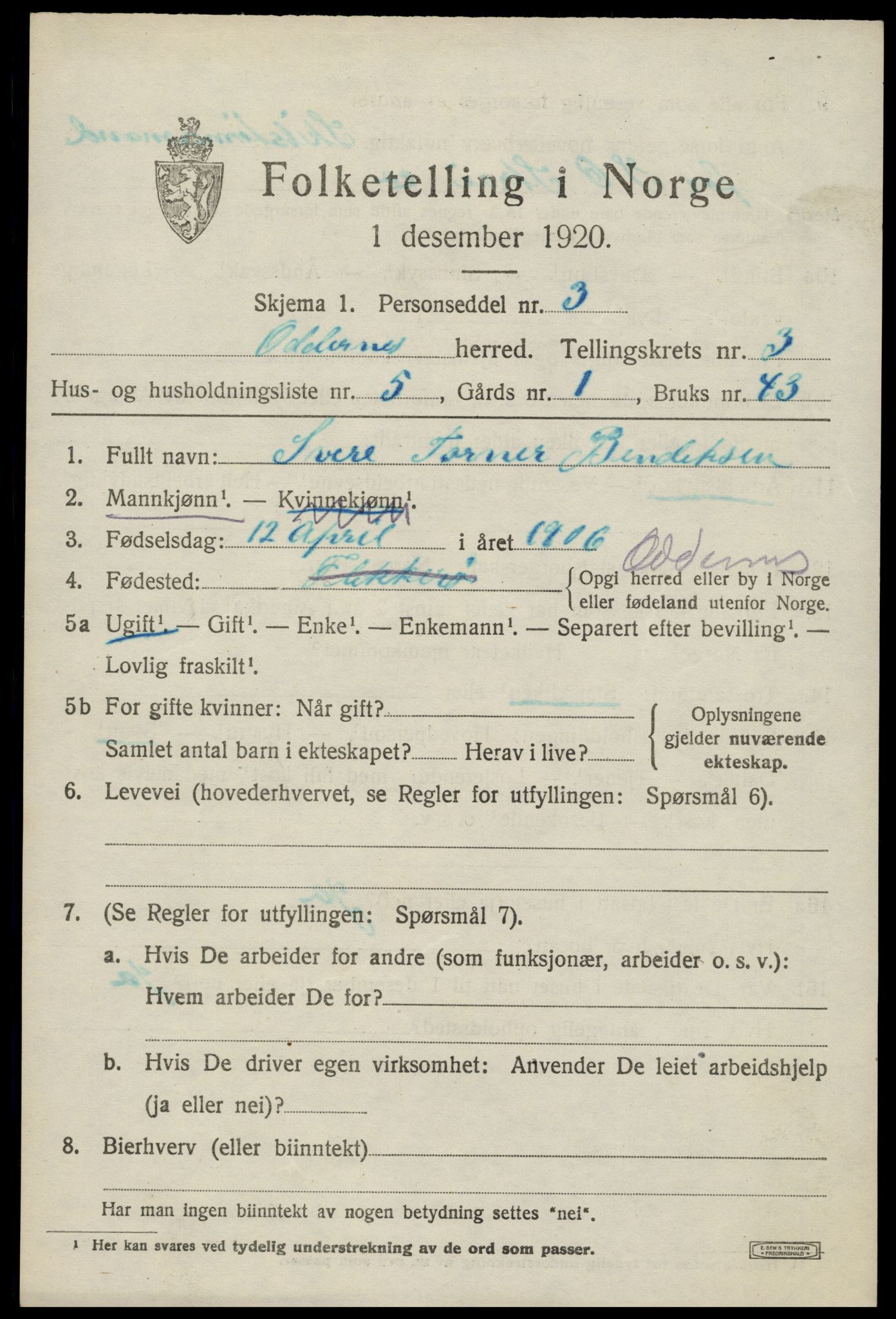 SAK, Folketelling 1920 for 1012 Oddernes herred, 1920, s. 3399