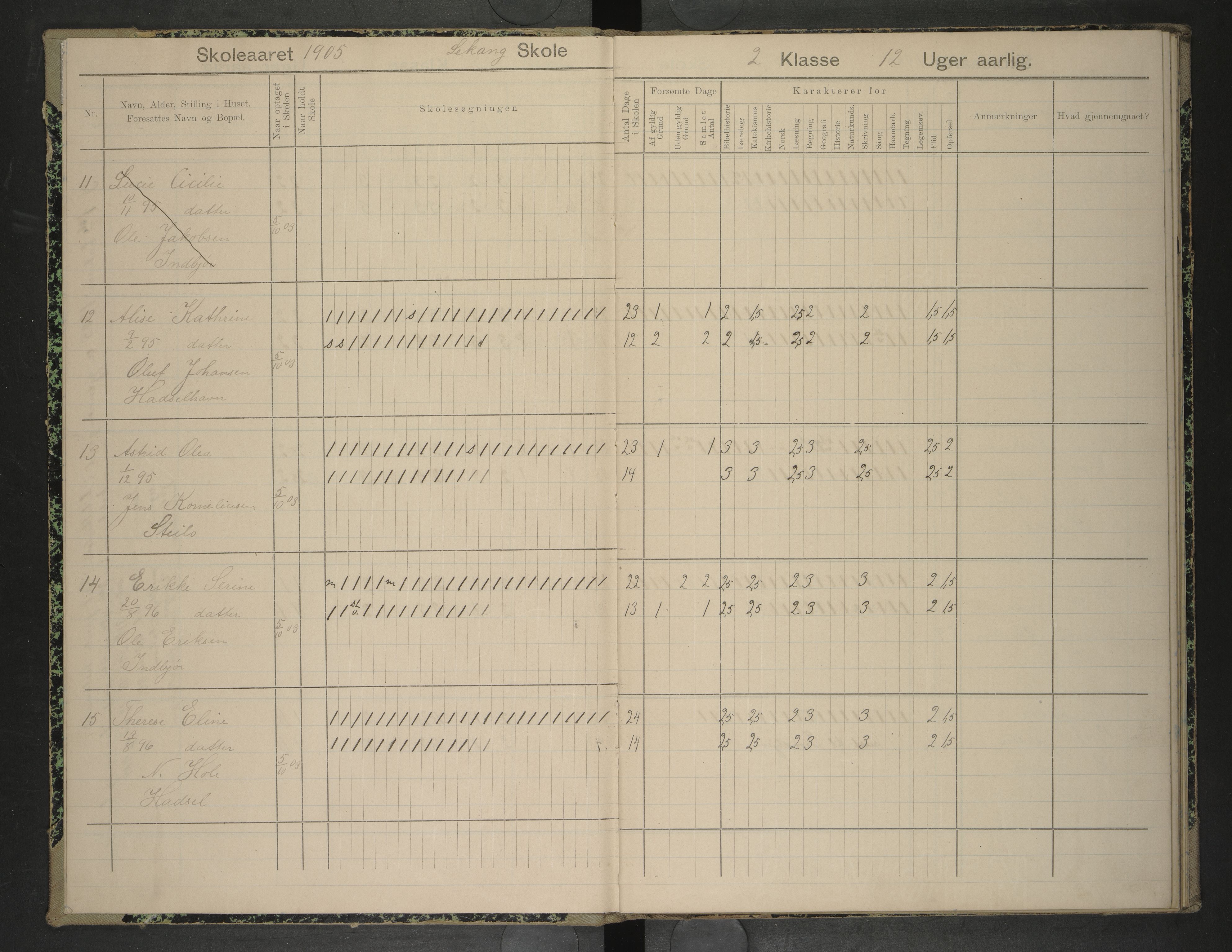 Hadsel kommune. Lekang og Husby skolekrets, AIN/K-18660.510.52/F/L0001: Skoleprotokoll for Lekang og Husby krets, 1905-1915