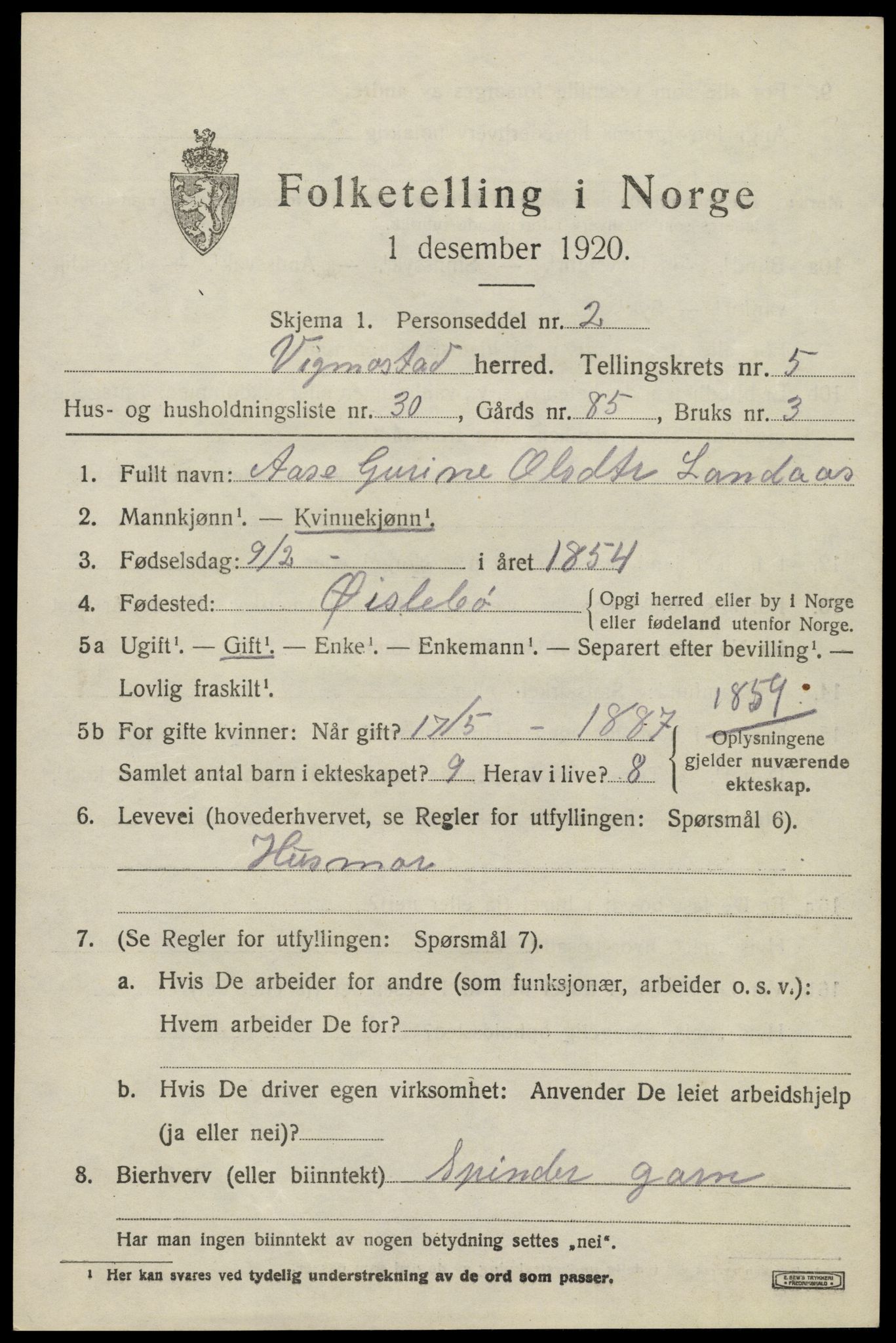 SAK, Folketelling 1920 for 1028 Vigmostad herred, 1920, s. 1935