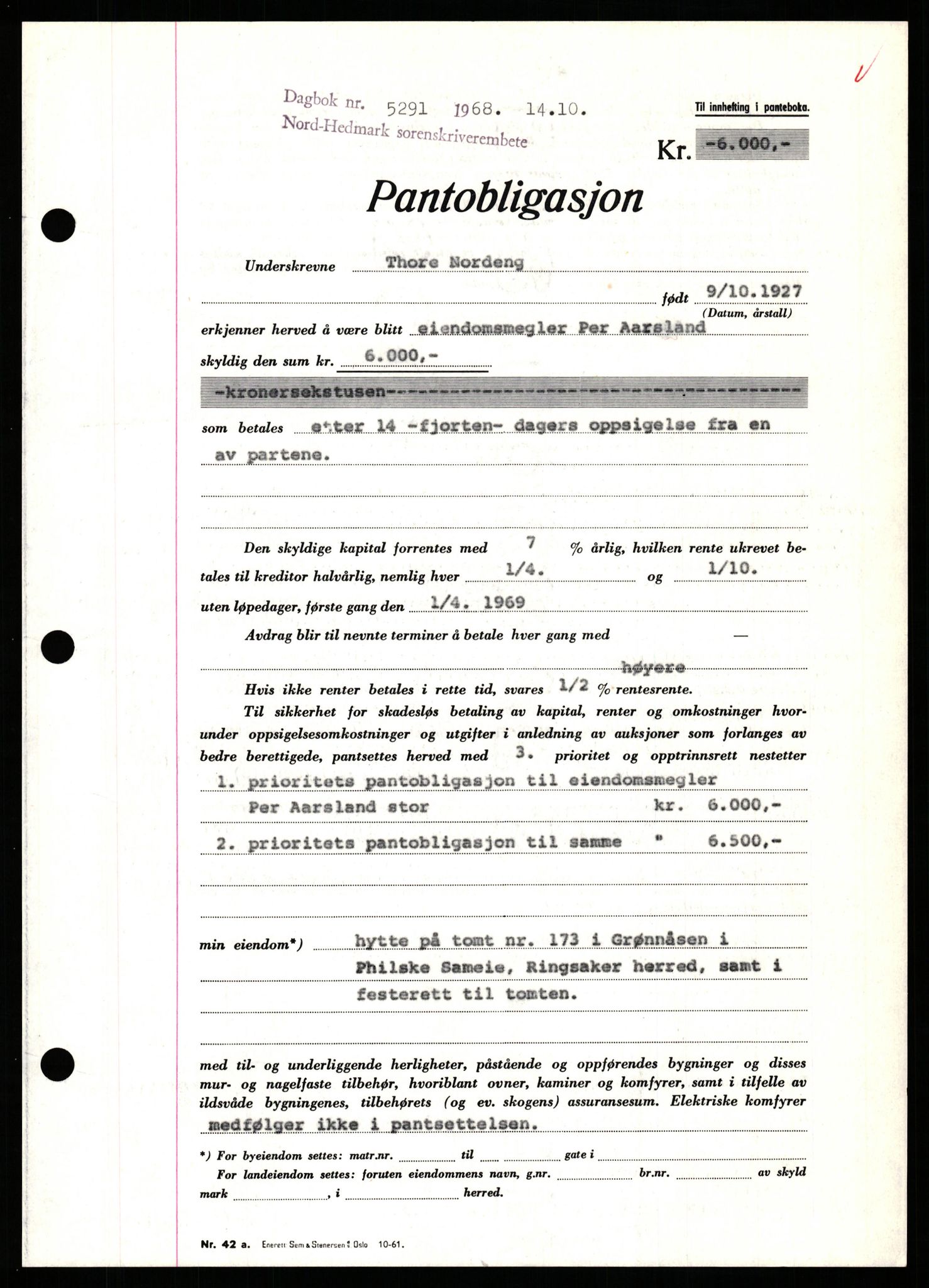 Nord-Hedmark sorenskriveri, SAH/TING-012/H/Hb/Hbf/L0077: Pantebok nr. B77, 1968-1969, Dagboknr: 5291/1968