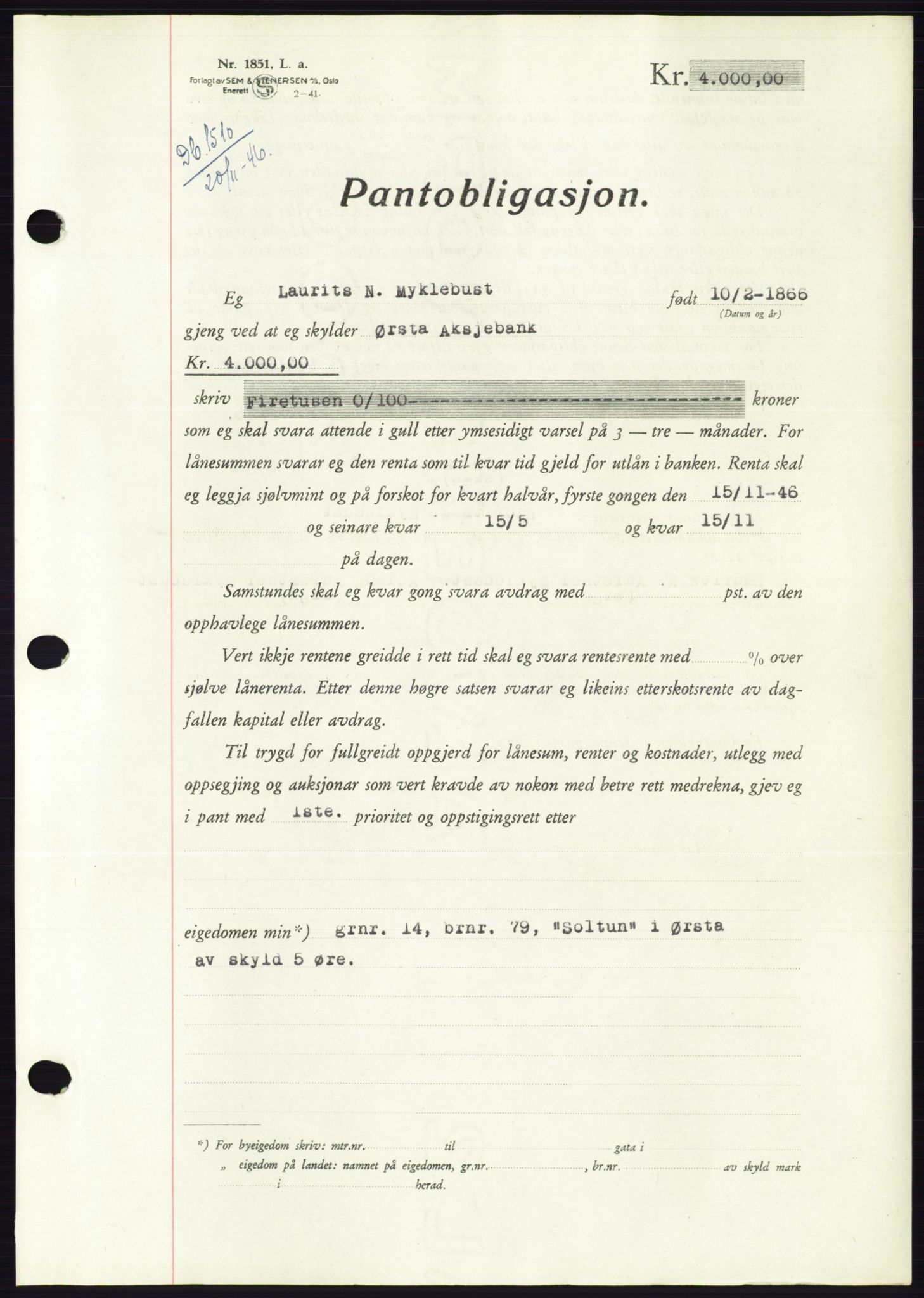 Søre Sunnmøre sorenskriveri, AV/SAT-A-4122/1/2/2C/L0114: Pantebok nr. 1-2B, 1943-1947, Dagboknr: 1510/1946