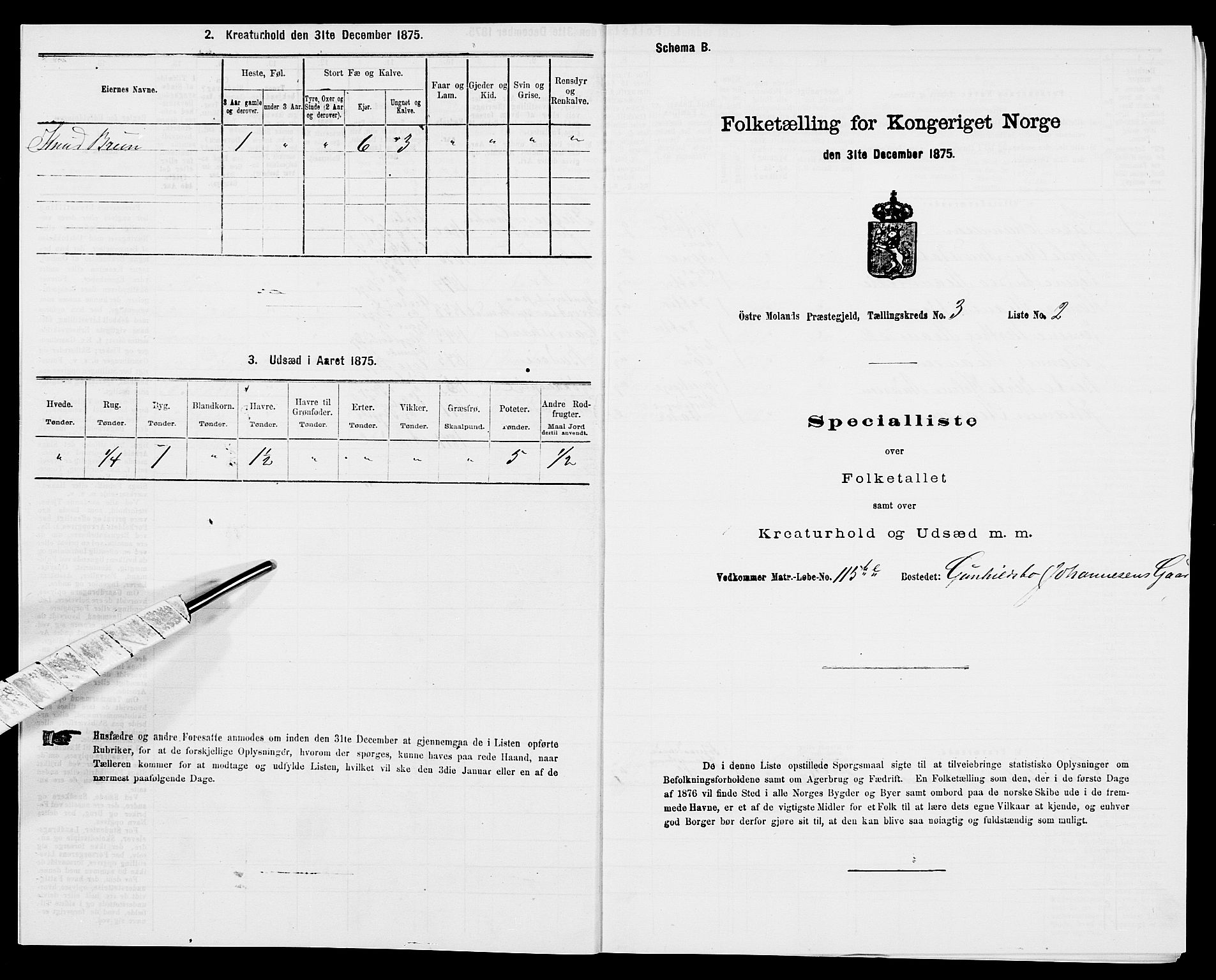 SAK, Folketelling 1875 for 0918P Austre Moland prestegjeld, 1875, s. 3018