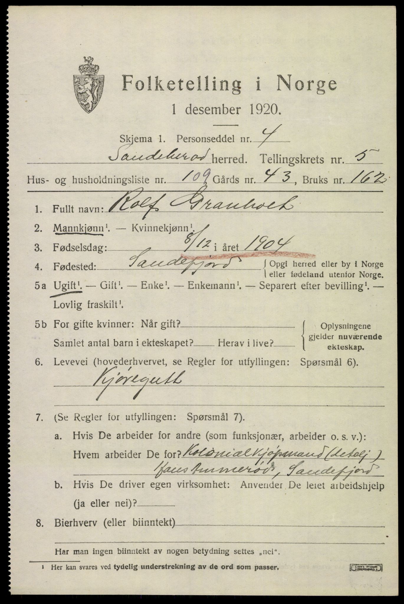 SAKO, Folketelling 1920 for 0724 Sandeherred herred, 1920, s. 9526