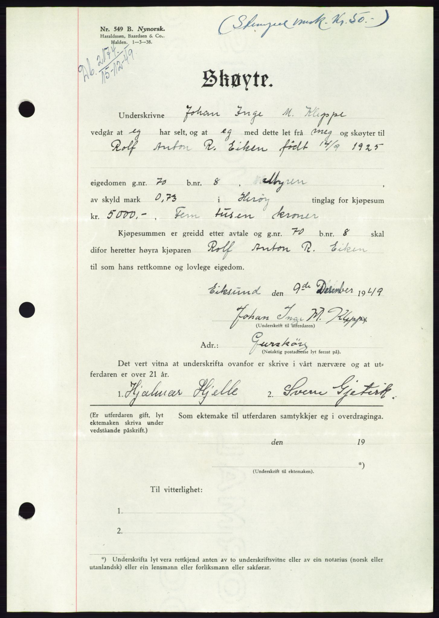 Søre Sunnmøre sorenskriveri, SAT/A-4122/1/2/2C/L0085: Pantebok nr. 11A, 1949-1949, Dagboknr: 2174/1949