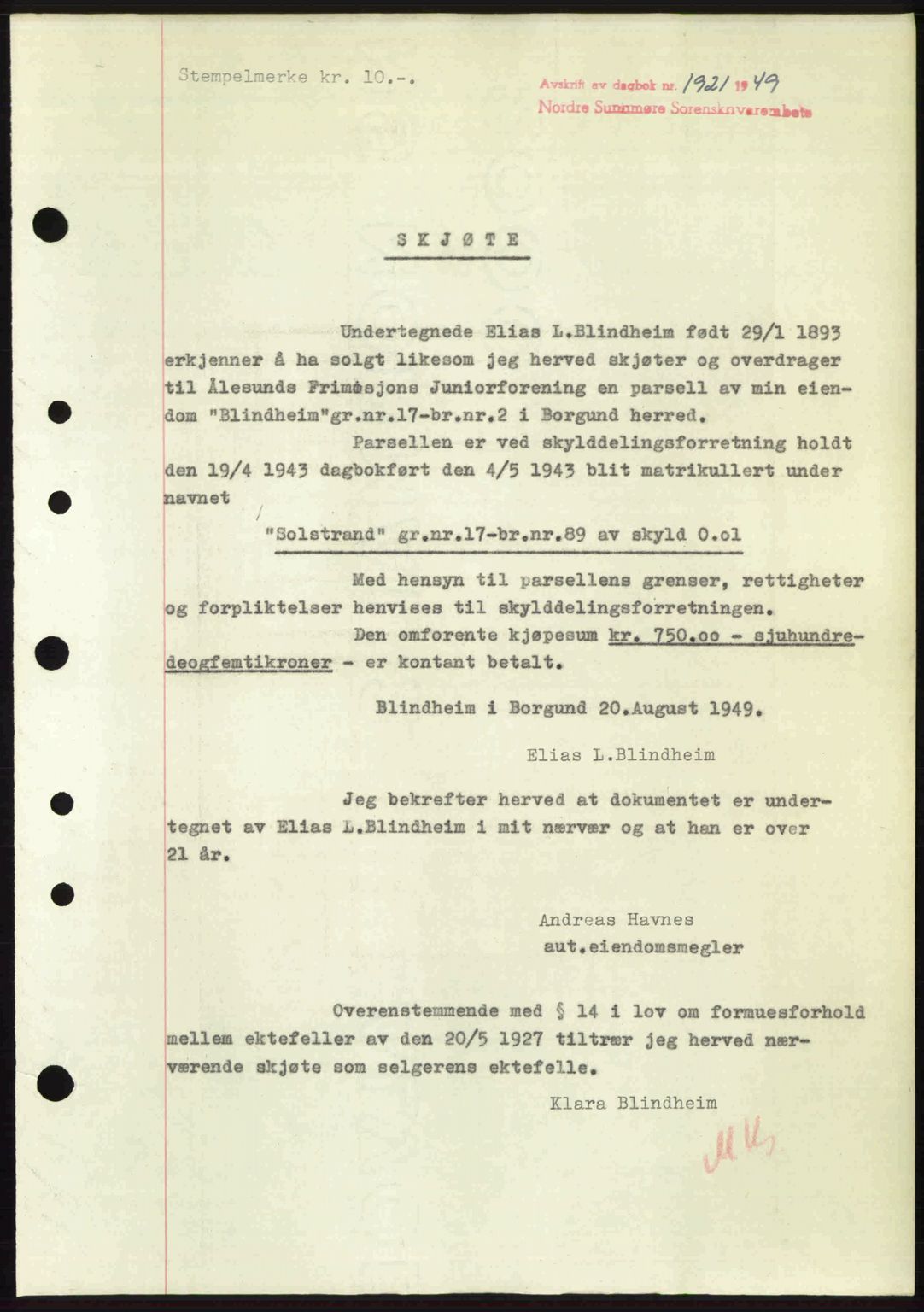Nordre Sunnmøre sorenskriveri, SAT/A-0006/1/2/2C/2Ca: Pantebok nr. A32, 1949-1949, Dagboknr: 1921/1949
