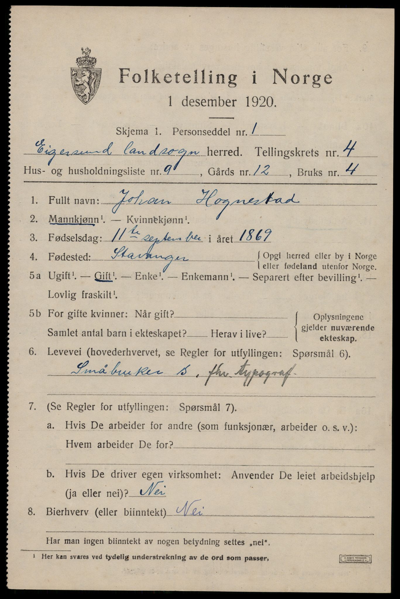 SAST, Folketelling 1920 for 1116 Eigersund herred, 1920, s. 2903