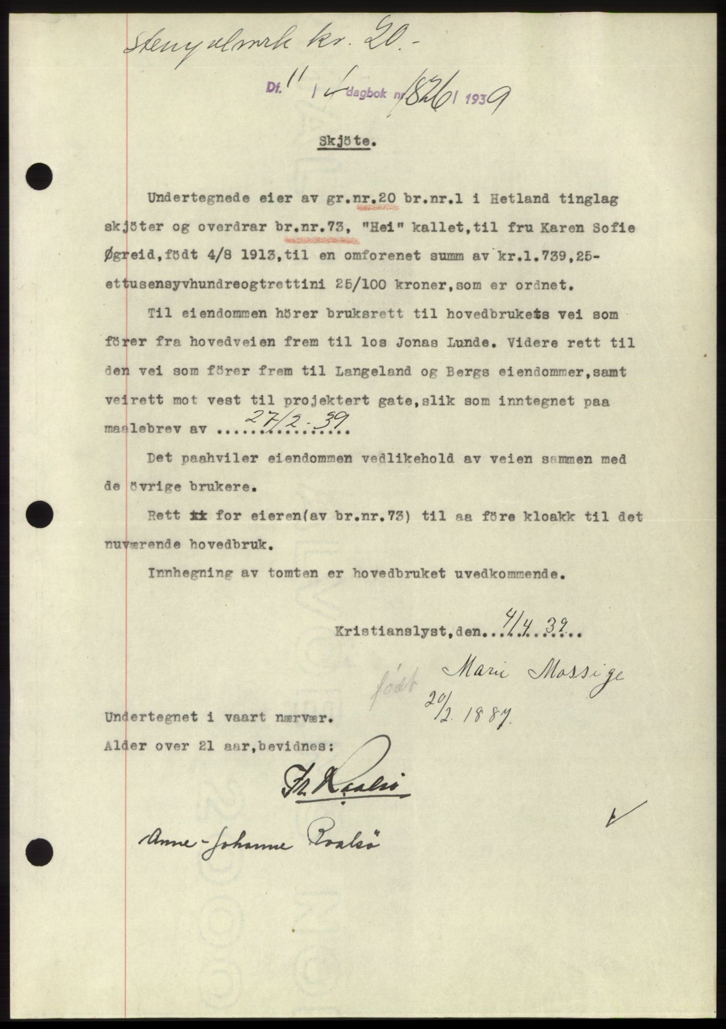 Jæren sorenskriveri, SAST/A-100310/03/G/Gba/L0074: Pantebok, 1939-1939, Dagboknr: 1826/1939