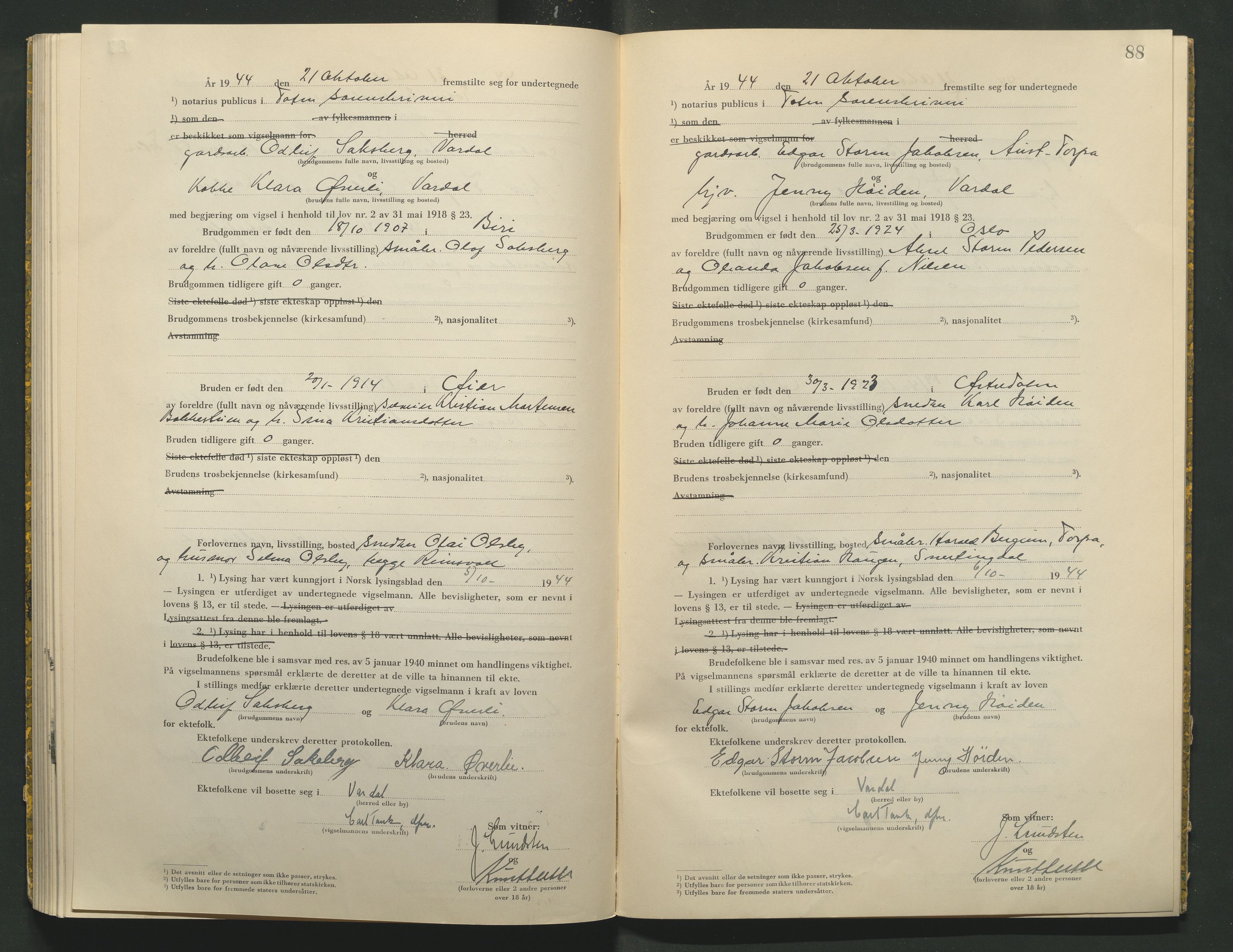Toten tingrett, AV/SAH-TING-006/L/Lc/L0004: Vigselbok, 1944, s. 88