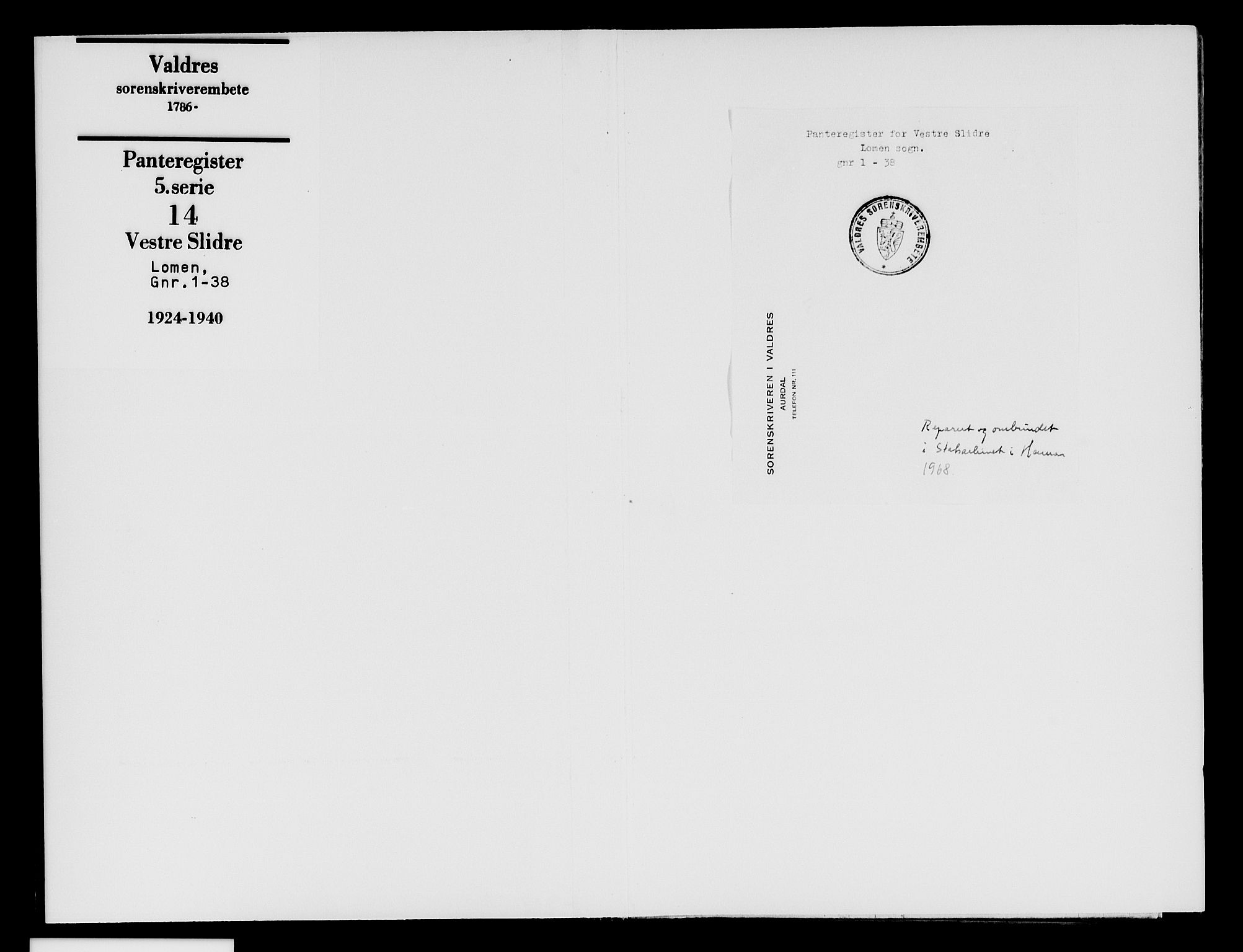 Valdres sorenskriveri, SAH/TING-016/H/Ha/Hae/L0014: Panteregister nr. 5.14, 1924-1940