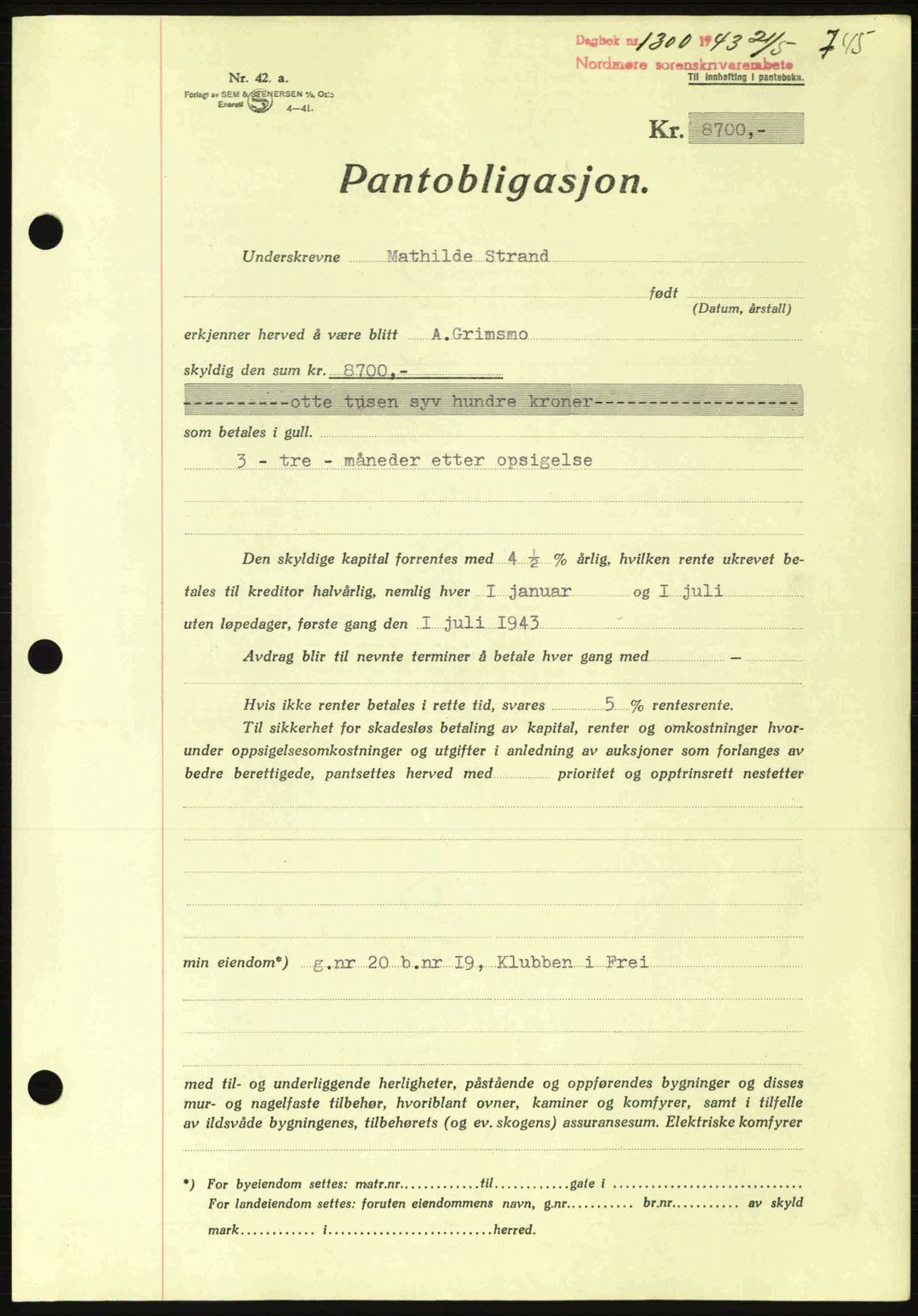 Nordmøre sorenskriveri, SAT/A-4132/1/2/2Ca: Pantebok nr. B90, 1942-1943, Dagboknr: 1300/1943