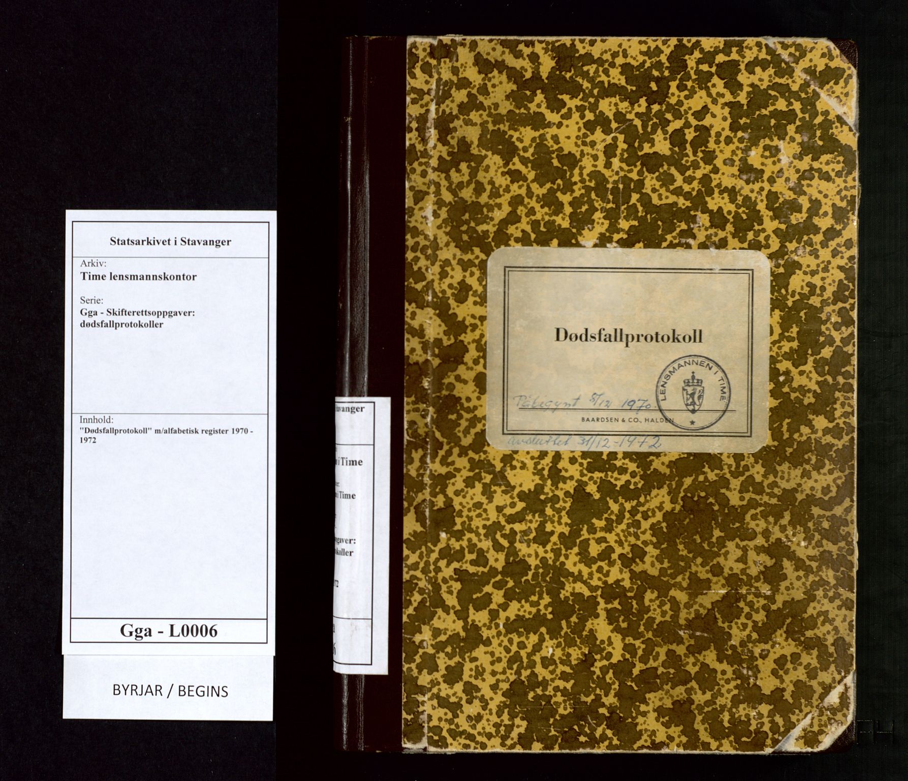 Time lensmannskontor, SAST/A-100420/Gga/L0006: "Dødsfallprotokoll" m/alfabetisk register, 1970-1972
