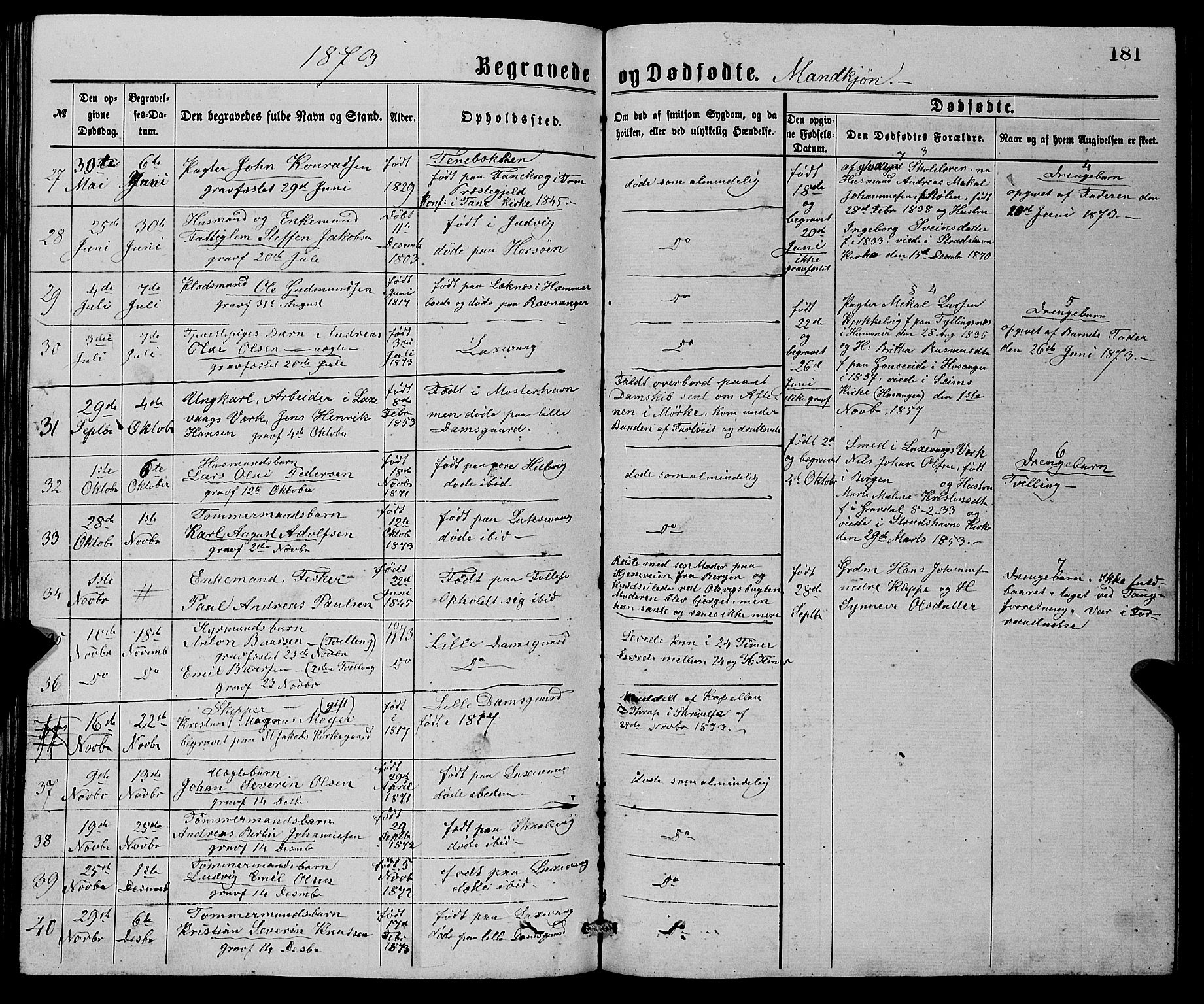 Askøy Sokneprestembete, AV/SAB-A-74101/H/Ha/Hab/Haba/L0007: Klokkerbok nr. A 7, 1871-1881, s. 181