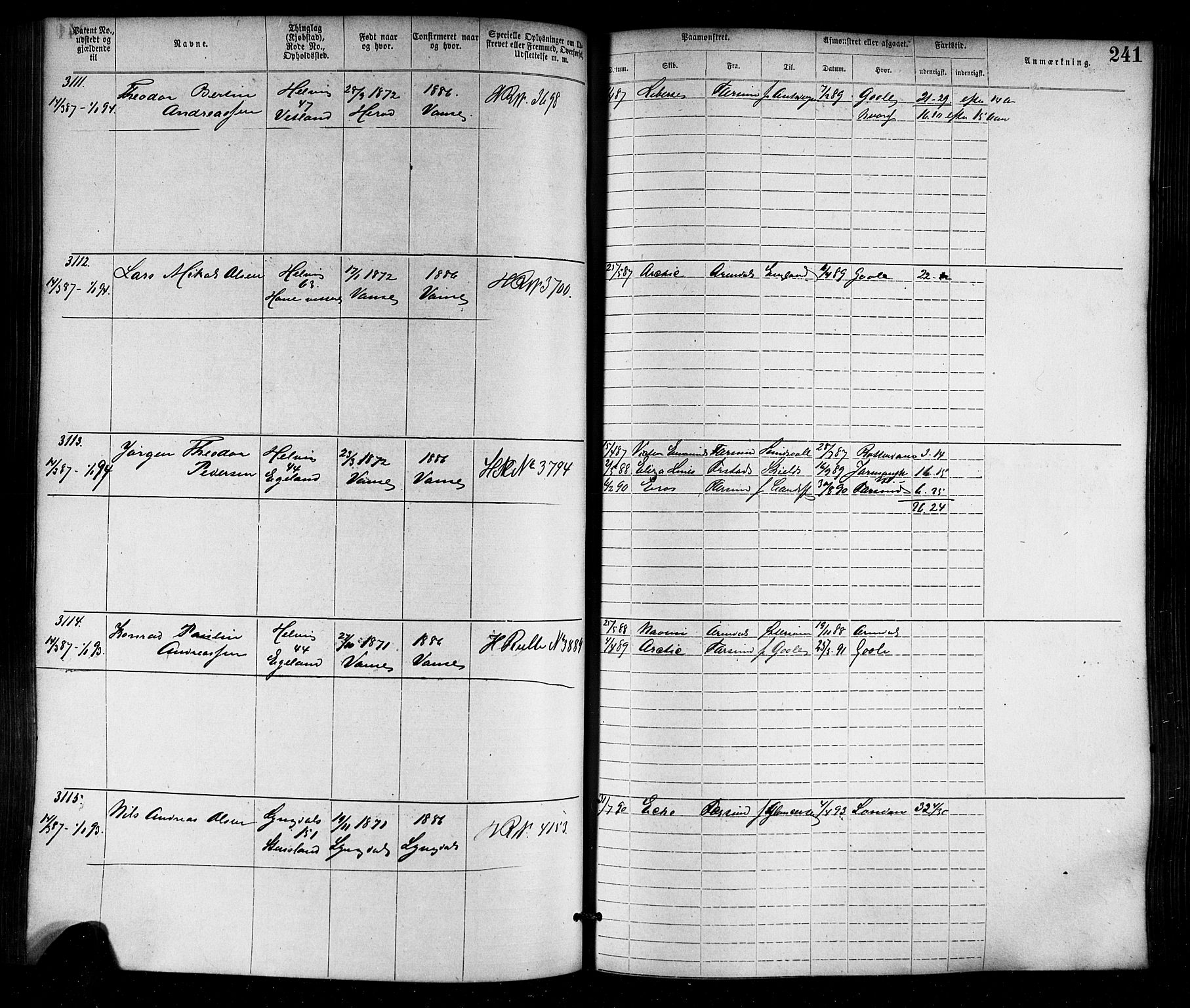 Farsund mønstringskrets, SAK/2031-0017/F/Fa/L0006: Annotasjonsrulle nr 1911-3805 med register, Z-3, 1877-1894, s. 273