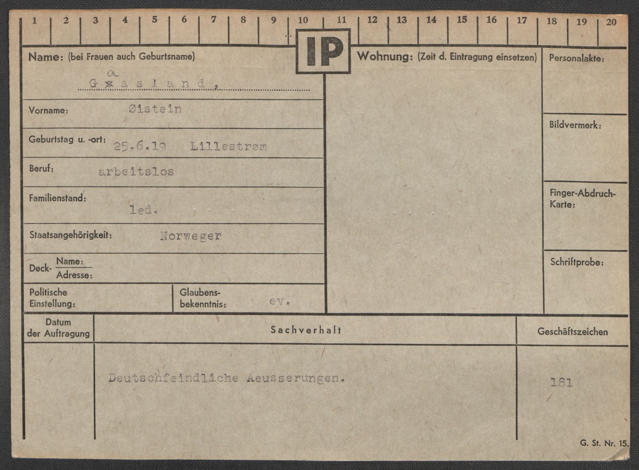 Befehlshaber der Sicherheitspolizei und des SD, RA/RAFA-5969/E/Ea/Eaa/L0003: Register over norske fanger i Møllergata 19: Eng-Hag, 1940-1945, s. 1368