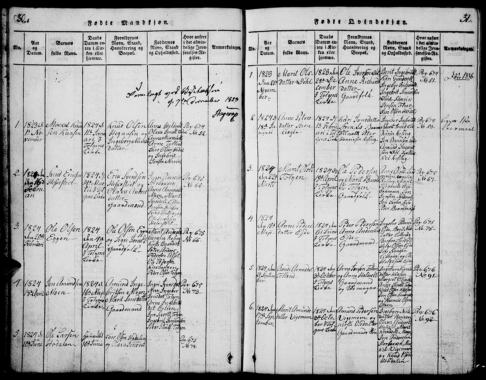 Tolga prestekontor, AV/SAH-PREST-062/L/L0001: Klokkerbok nr. 1, 1814-1877, s. 30-31