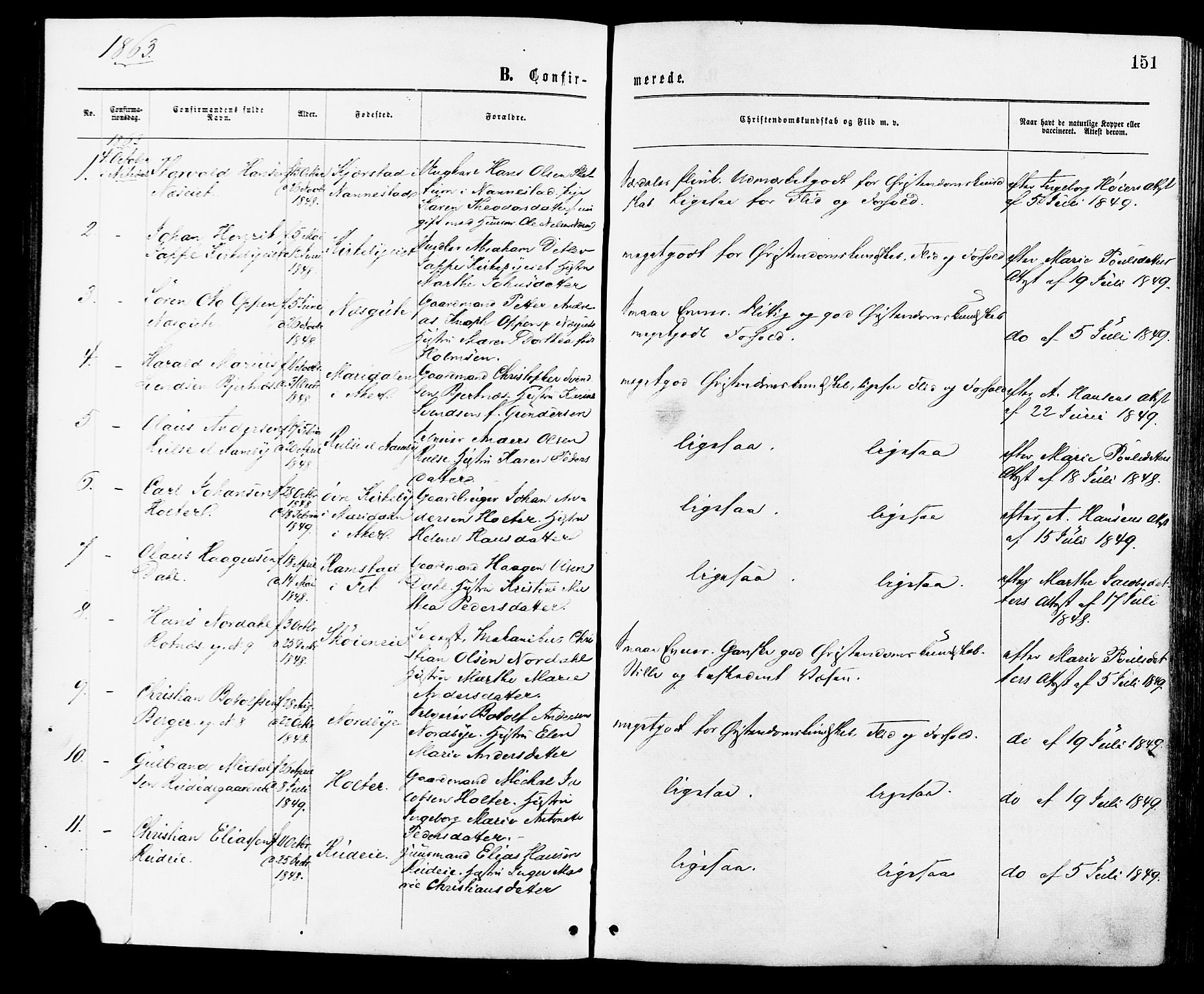 Nittedal prestekontor Kirkebøker, SAO/A-10365a/F/Fa/L0006: Ministerialbok nr. I 6, 1863-1878, s. 151