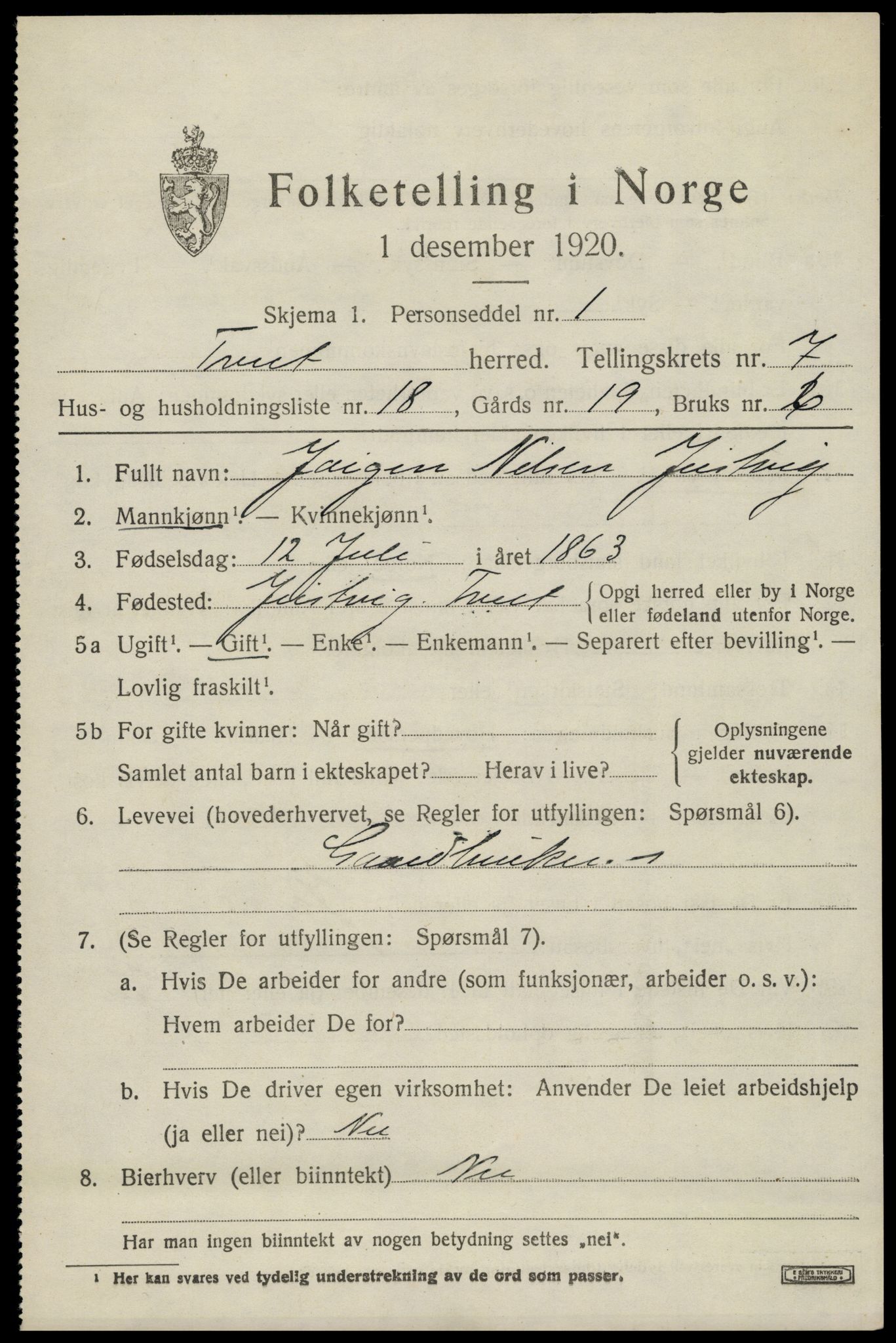 SAK, Folketelling 1920 for 1013 Tveit herred, 1920, s. 3386