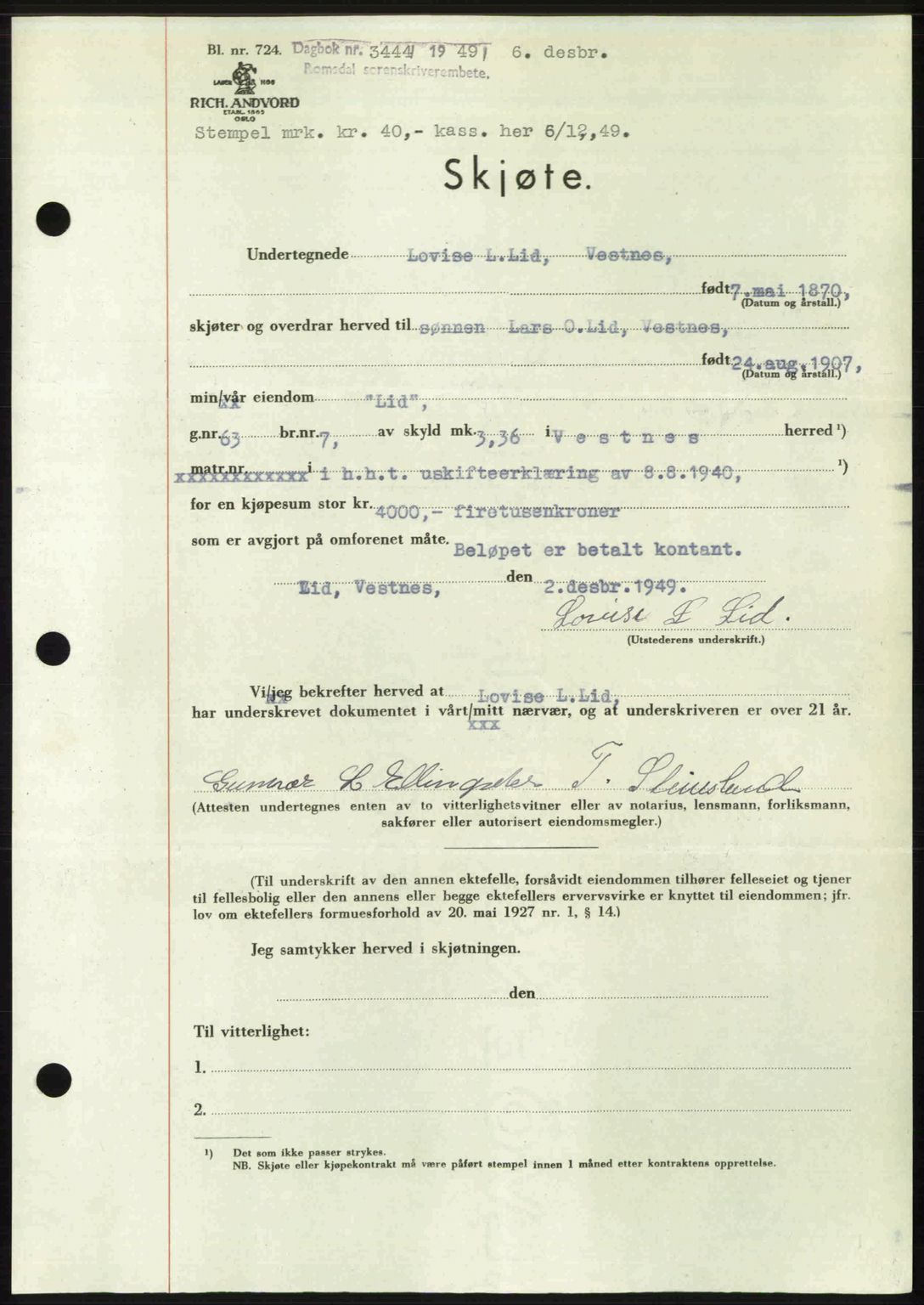 Romsdal sorenskriveri, AV/SAT-A-4149/1/2/2C: Pantebok nr. A31, 1949-1949, Dagboknr: 3444/1949