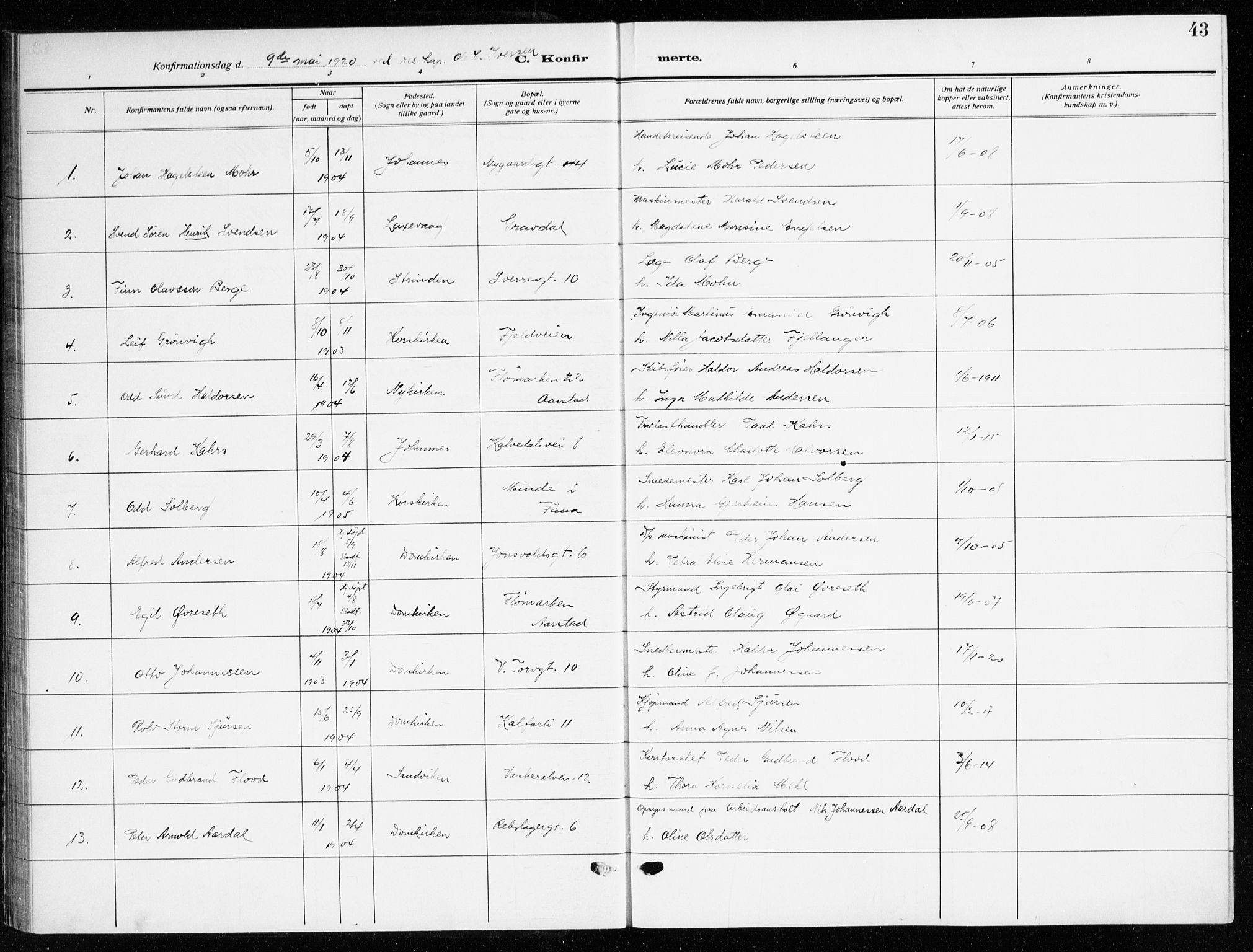 Domkirken sokneprestembete, AV/SAB-A-74801/H/Haa/L0032: Ministerialbok nr. C 7, 1915-1930, s. 43