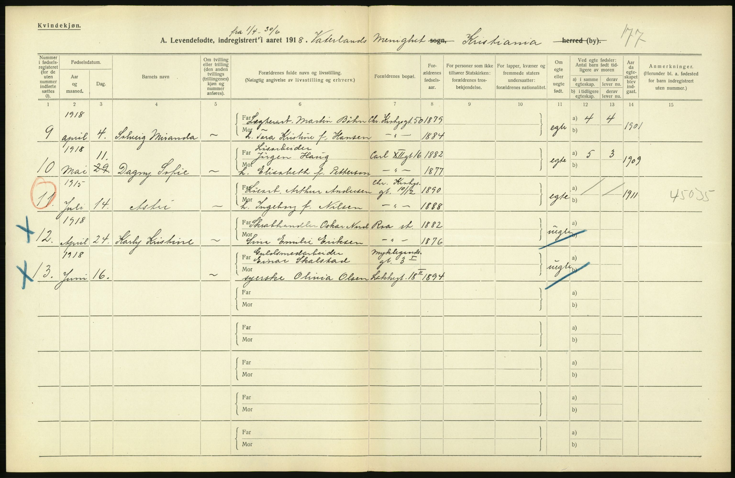 Statistisk sentralbyrå, Sosiodemografiske emner, Befolkning, RA/S-2228/D/Df/Dfb/Dfbh/L0007: Kristiania: Levendefødte menn og kvinner., 1918, s. 294