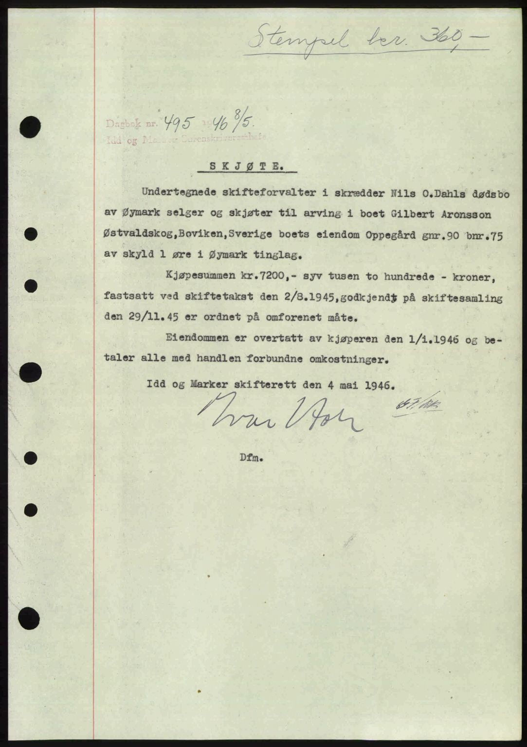 Idd og Marker sorenskriveri, SAO/A-10283/G/Gb/Gbb/L0008: Pantebok nr. A8, 1946-1946, Dagboknr: 495/1946