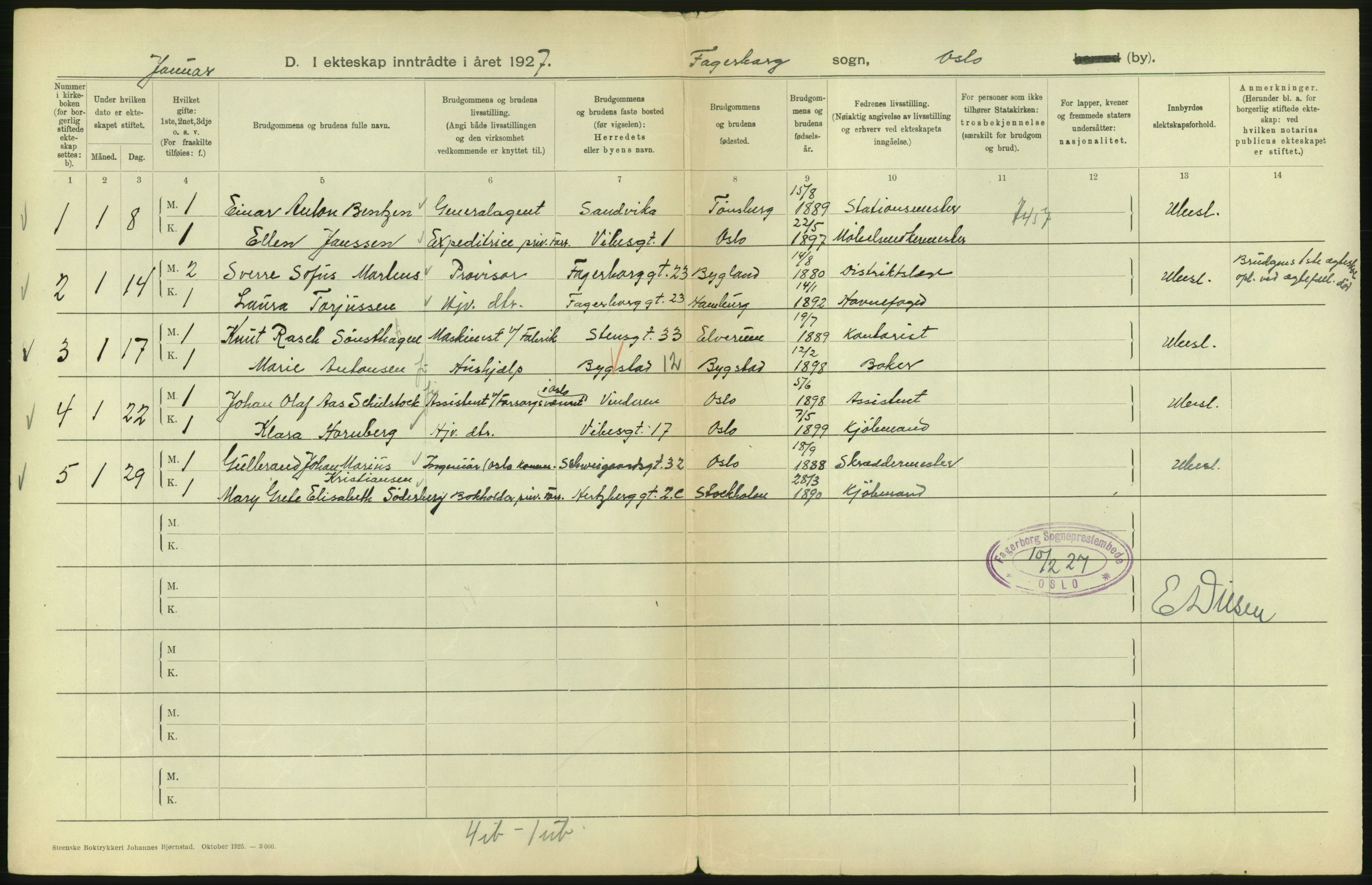 Statistisk sentralbyrå, Sosiodemografiske emner, Befolkning, AV/RA-S-2228/D/Df/Dfc/Dfcg/L0008: Oslo: Gifte, 1927, s. 230
