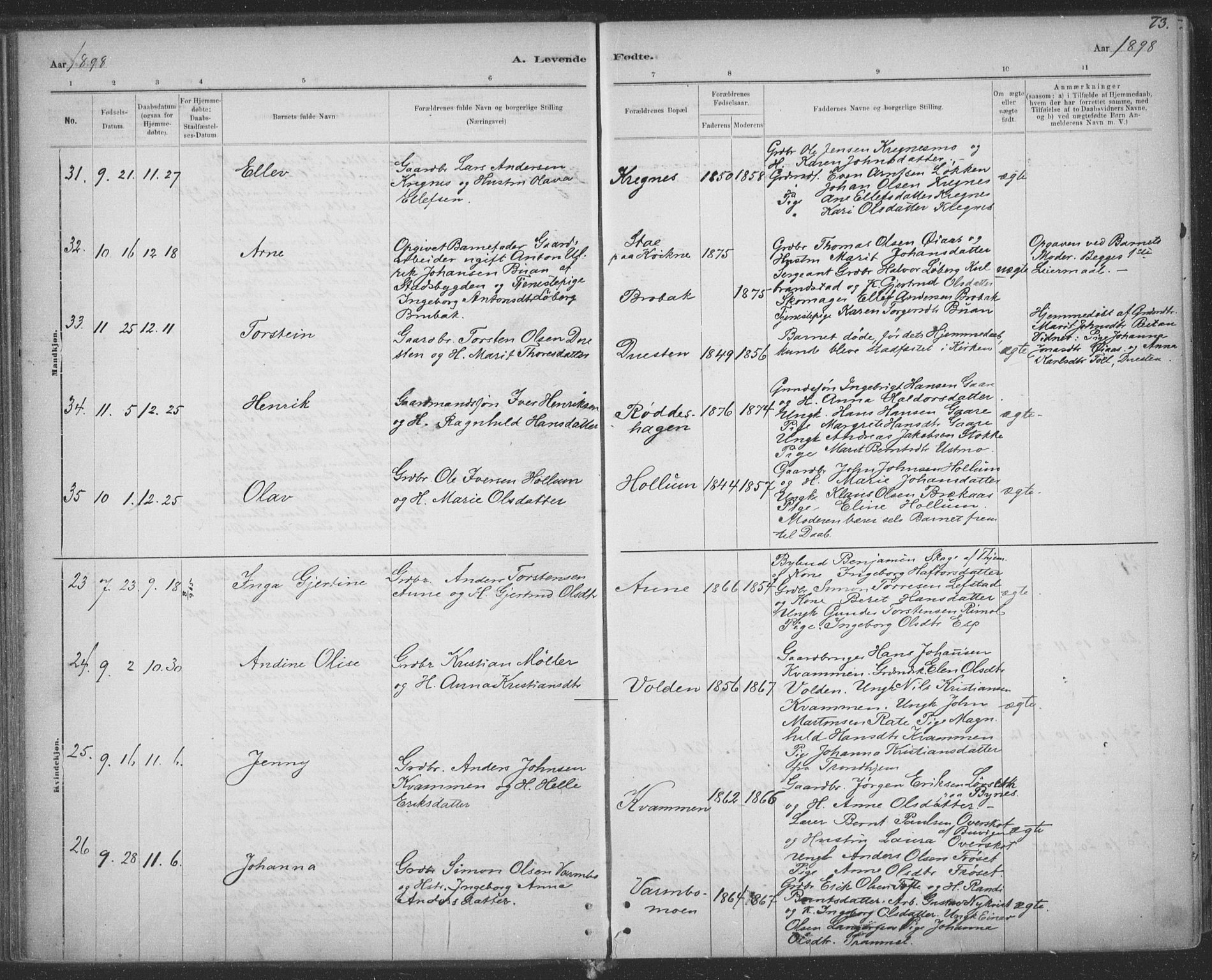 Ministerialprotokoller, klokkerbøker og fødselsregistre - Sør-Trøndelag, SAT/A-1456/691/L1085: Ministerialbok nr. 691A17, 1887-1908, s. 73