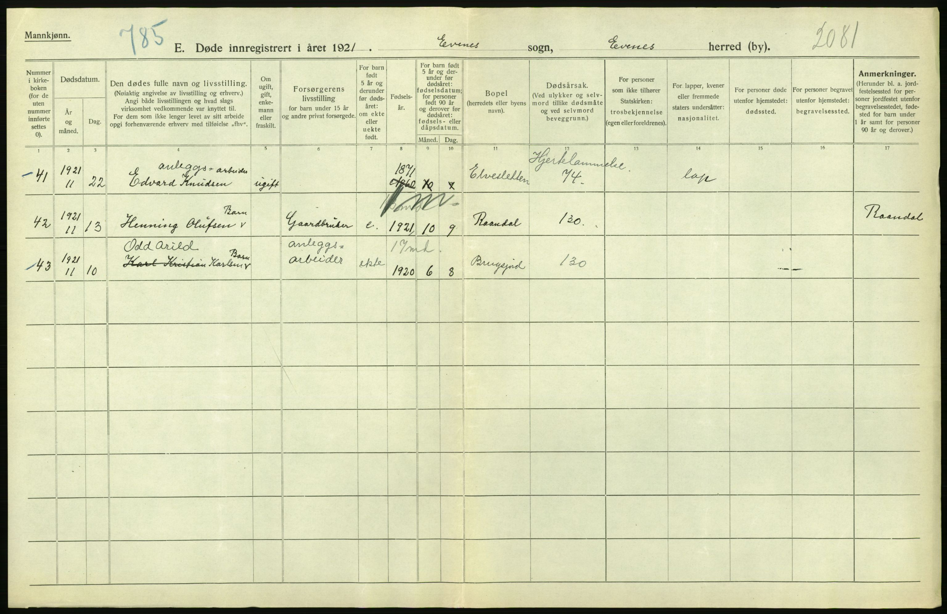 Statistisk sentralbyrå, Sosiodemografiske emner, Befolkning, AV/RA-S-2228/D/Df/Dfc/Dfca/L0051: Nordland fylke: Døde. Bygder og byer., 1921